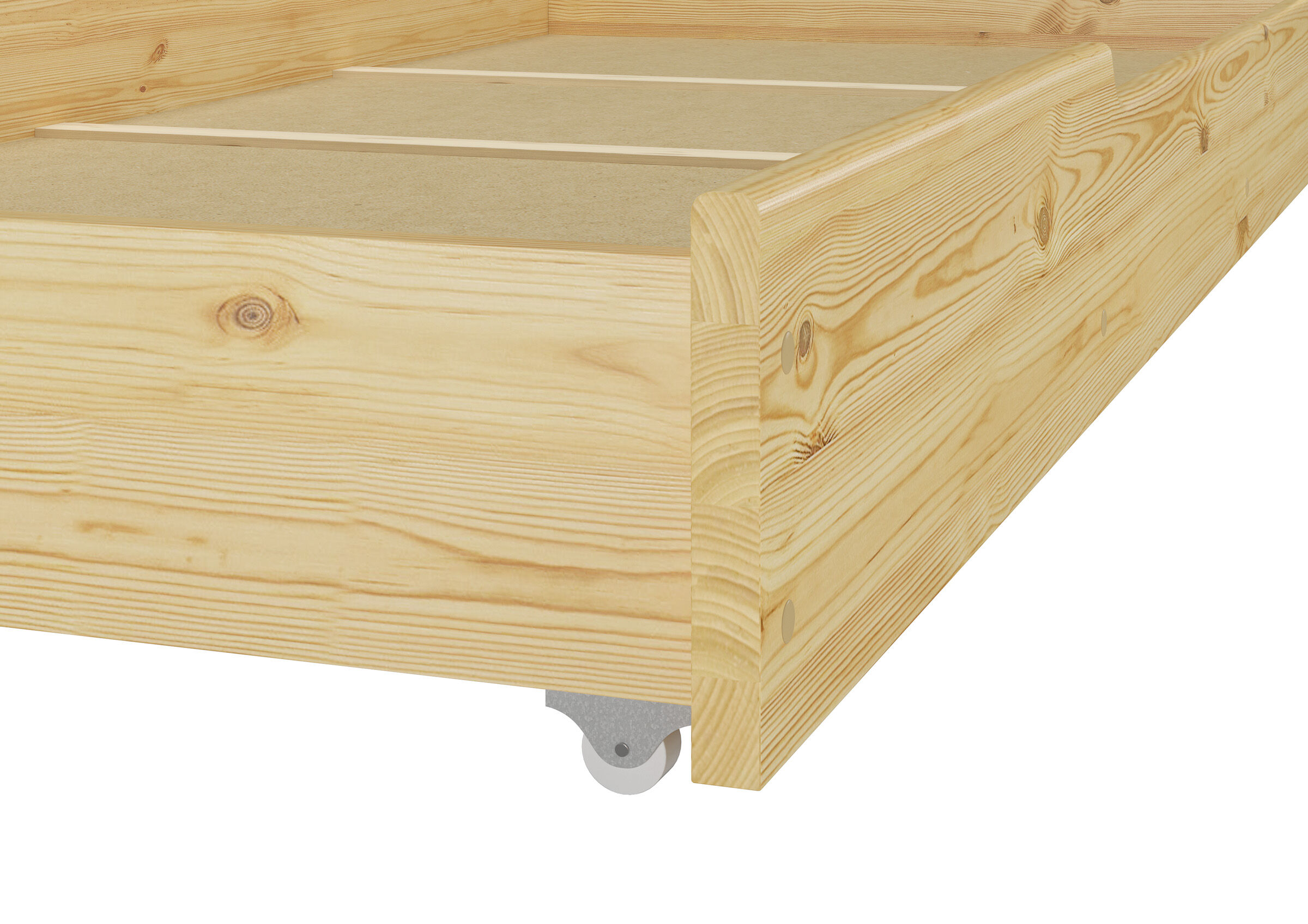 Holzbett, Holzbettrahmen, Holzrahmen, Holz, Rollenbettgestell, Detail Bettschublade