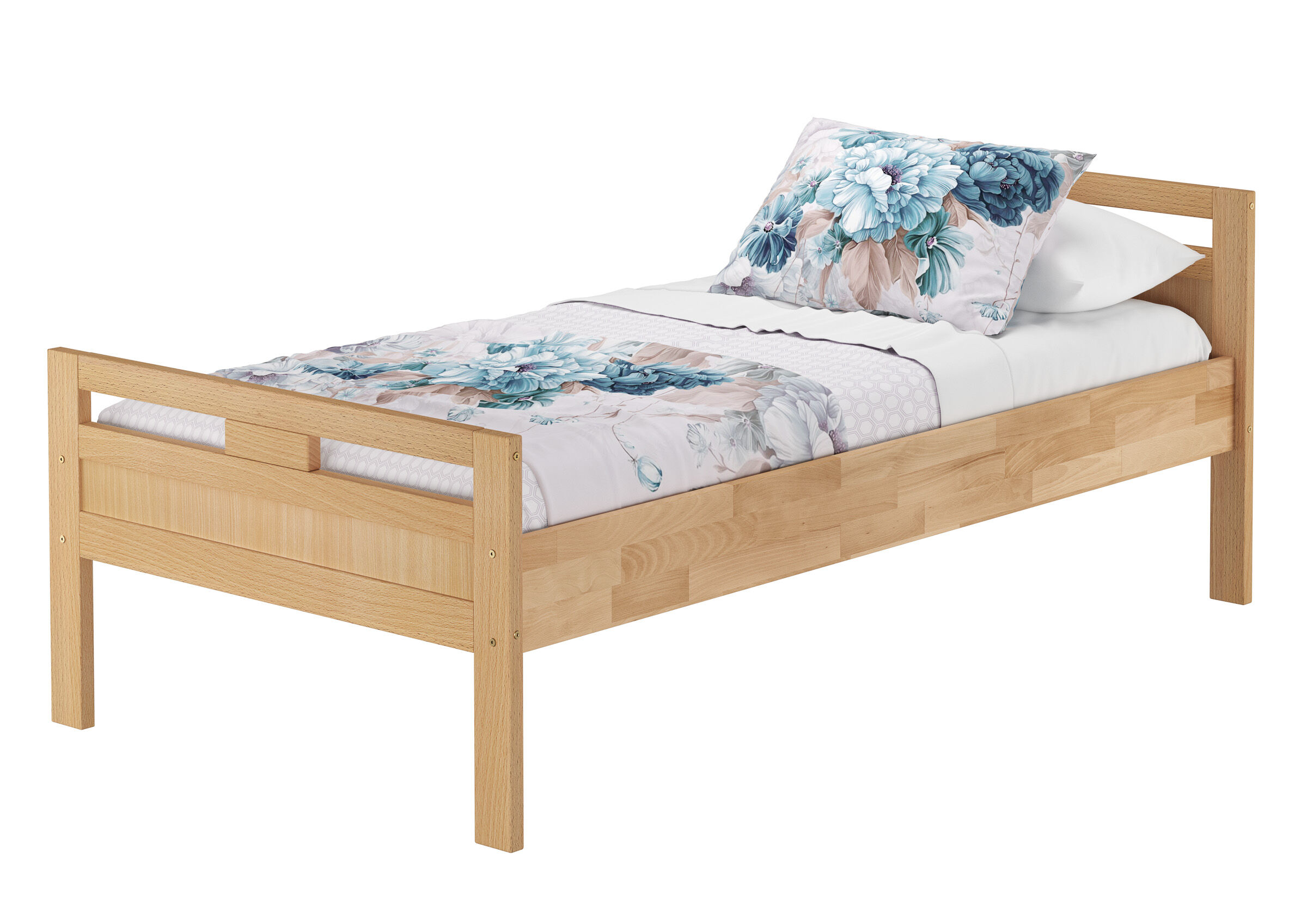 Holzbett, Kinderbett, Einzelbett, Bettgestell, Blumenmuster, Massivholzbett aus Buchenholz mit Matratze