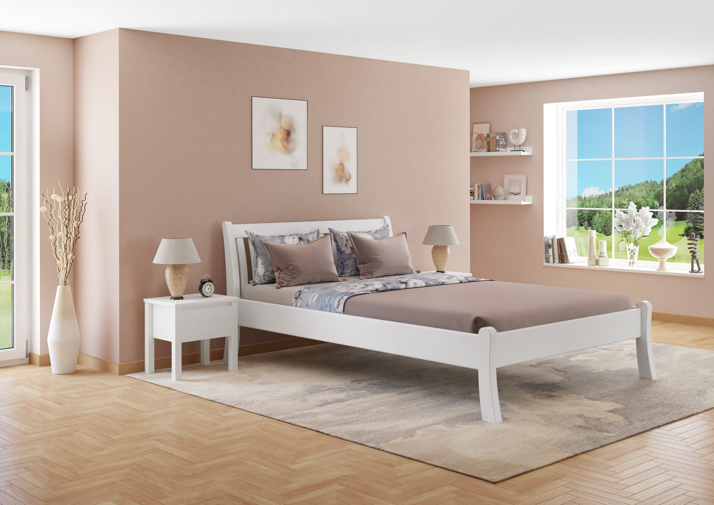 Dekoration für Zuhause, Innenarchitektur, Mobiliar, Lampe, Teppich, Schlafzimmer mit Doppelbett Kiefer waschweiß