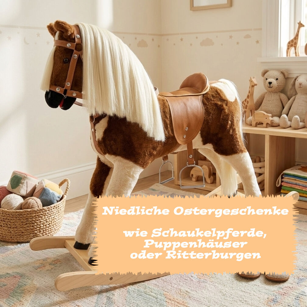 Spielzeugpferd, Stehendes Stehpferd, Leder-Sattel, Weißes Fell, Kinderzimmer-Spielzeug,