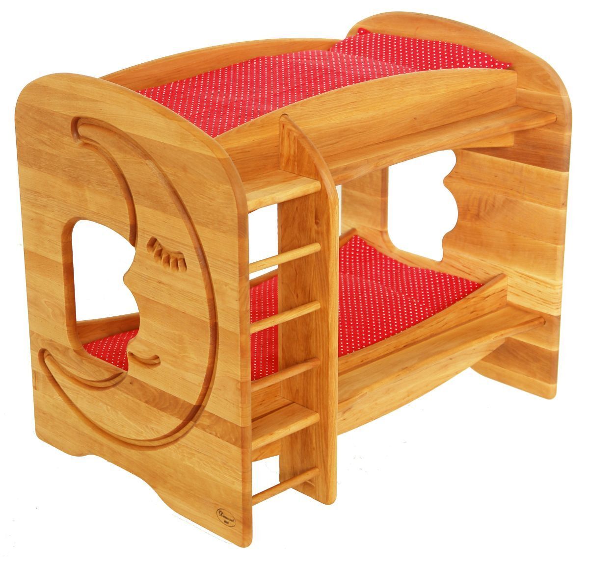 Holz Spielbett, Kinderbett, Lernbett, Kletterleiter, rote Polsterung, Holzbett für  zwei Puppen