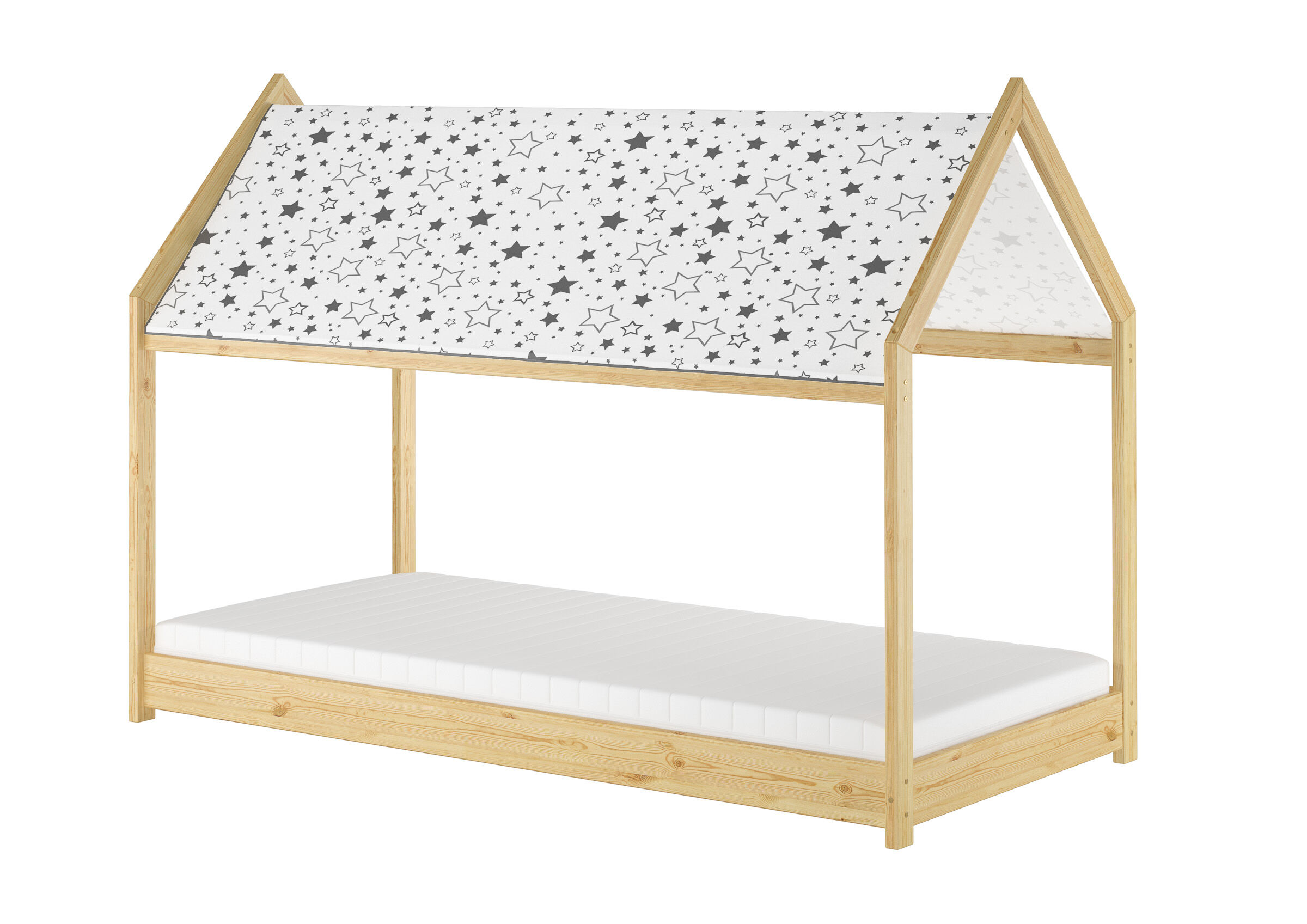 Spielbett Kiefer natur mit Matratze 90x200 Kiefernholzbett Kinder mit Stoffdach