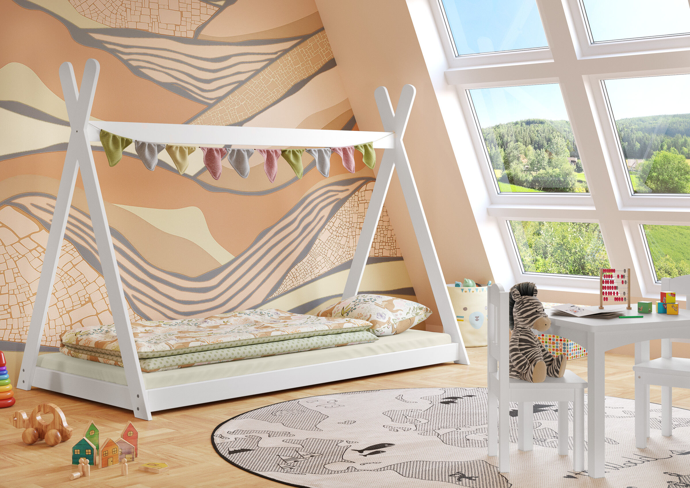 kinderbett, bettrahmen, tageslichtzimmer, musterwand, spielzeug, Zimmerbild des flachen Bettes 90x200 aus Kiefer mit Dachrahmen