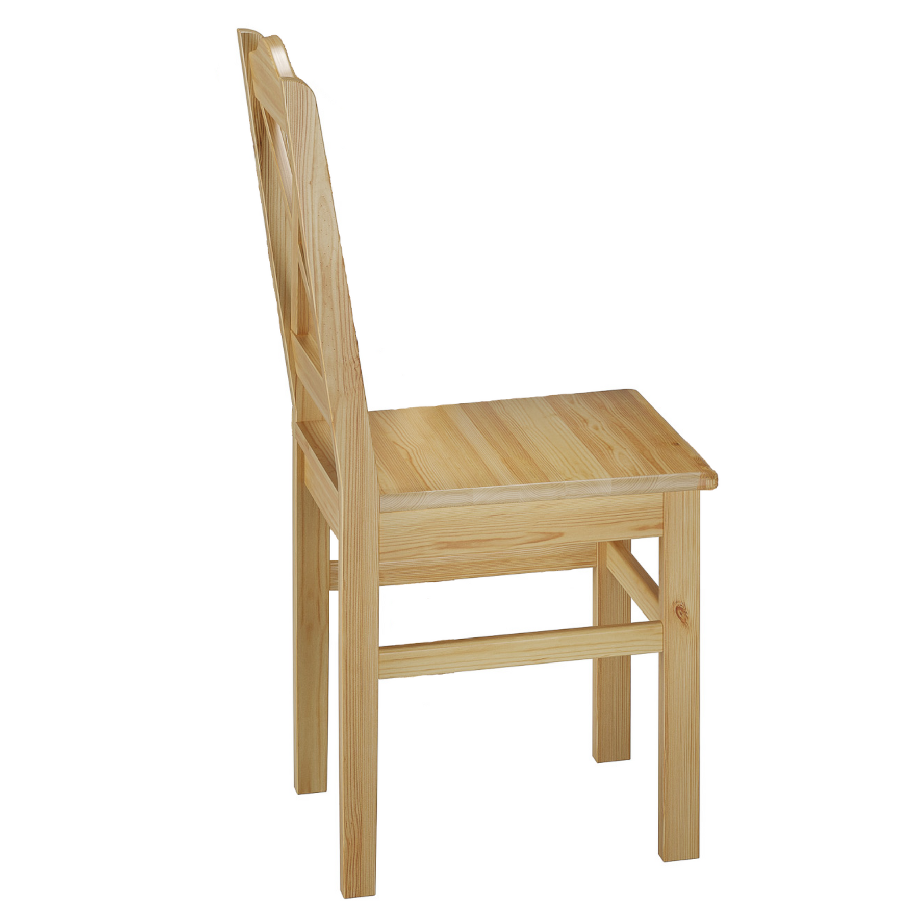 Holzstuhl, Esszimmerstuhl, Naturholz, Klarlack, gerades Design, Stabiler Holzstuhl aus massiver Kiefer, Modell 20, traditionelles Design - Kreuz in Stuhllehne mit geschwungenen Abschluss