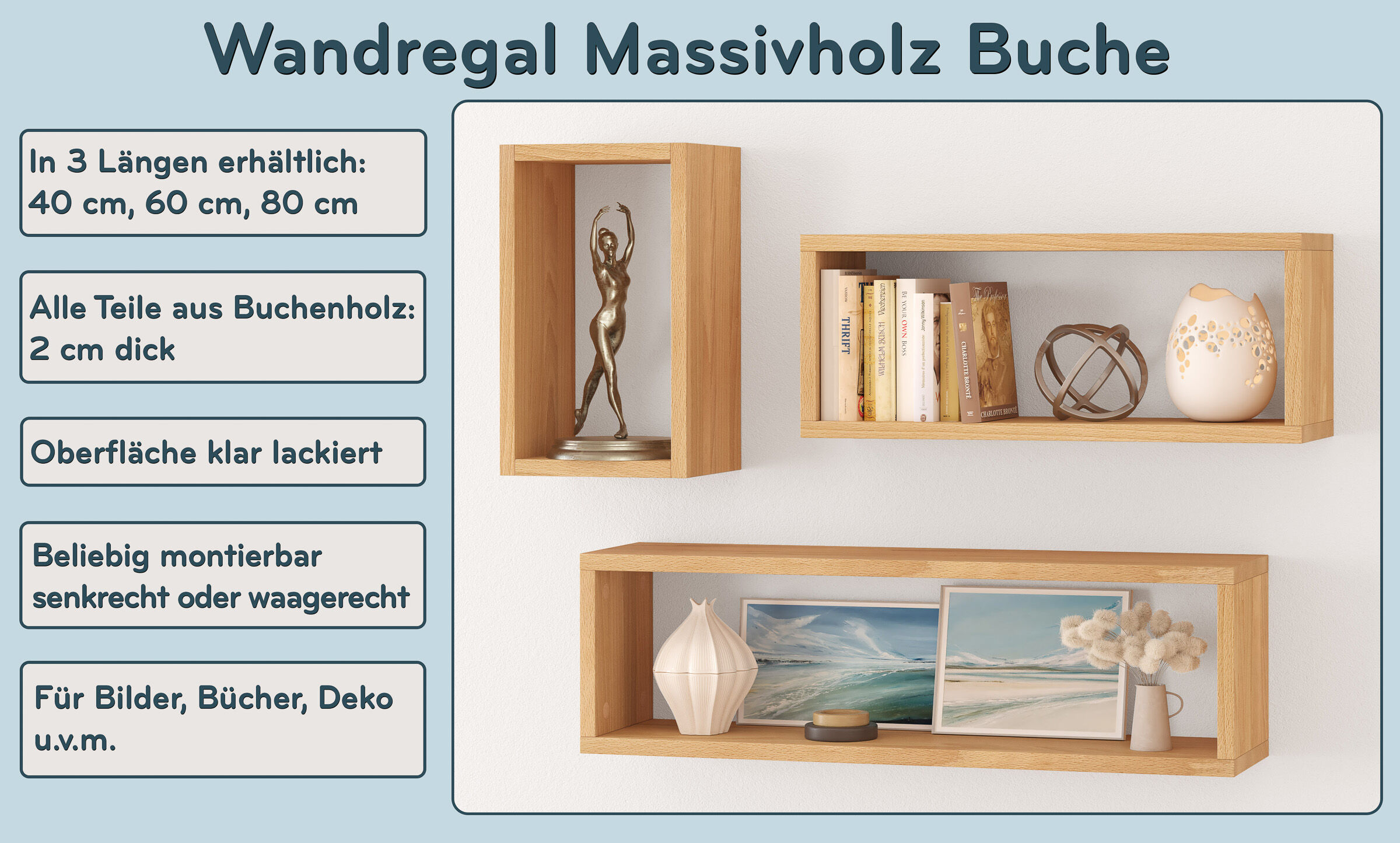 Wandregal, Massivholz, Buchregal, Wandregal Holz, Wandregal helles Holz, Highlights des Regals