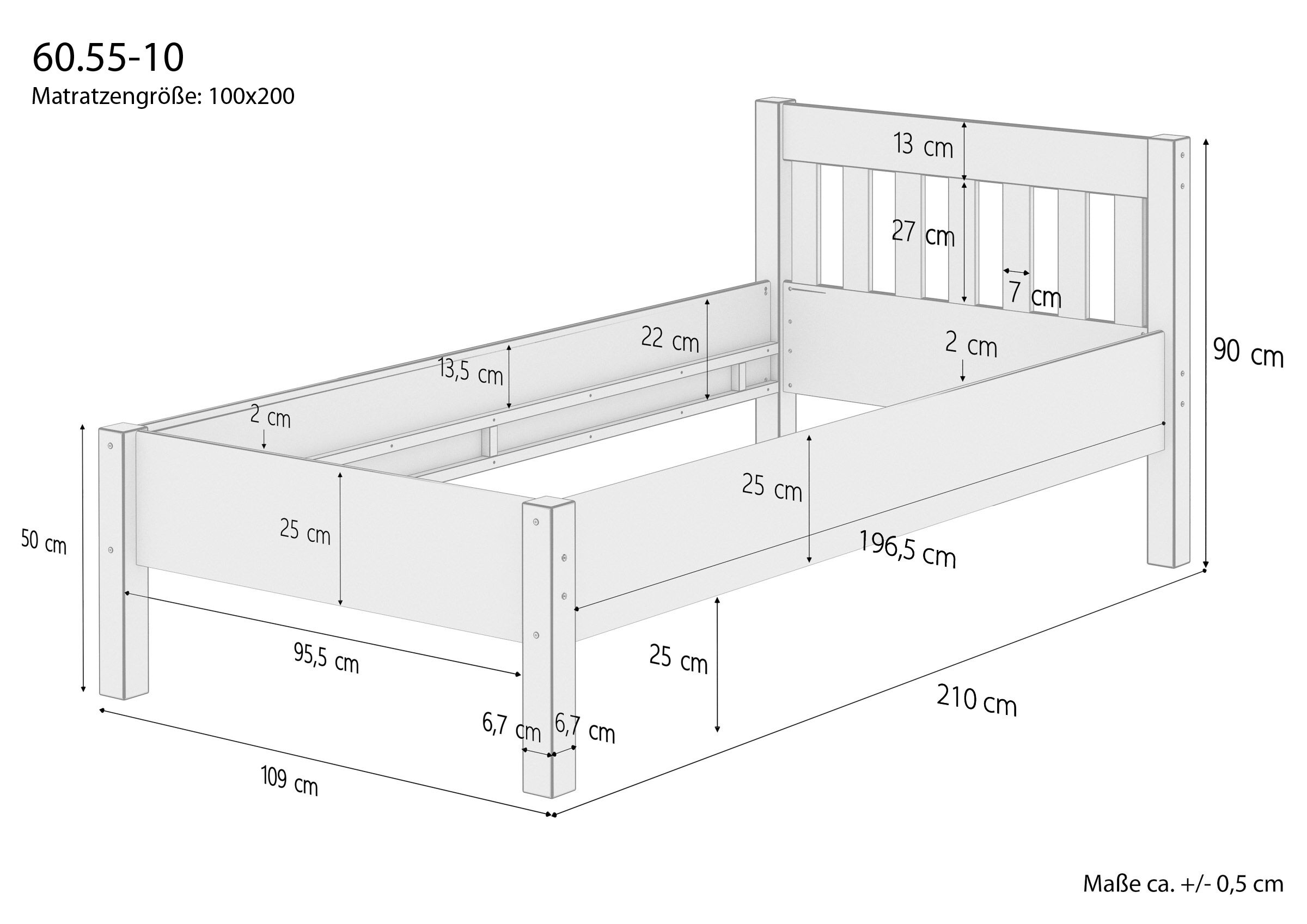 Kinderbett, Holzbett, Juniorbett, Lattenrost, Matratzengröße 100x200, Einzelbett hoch