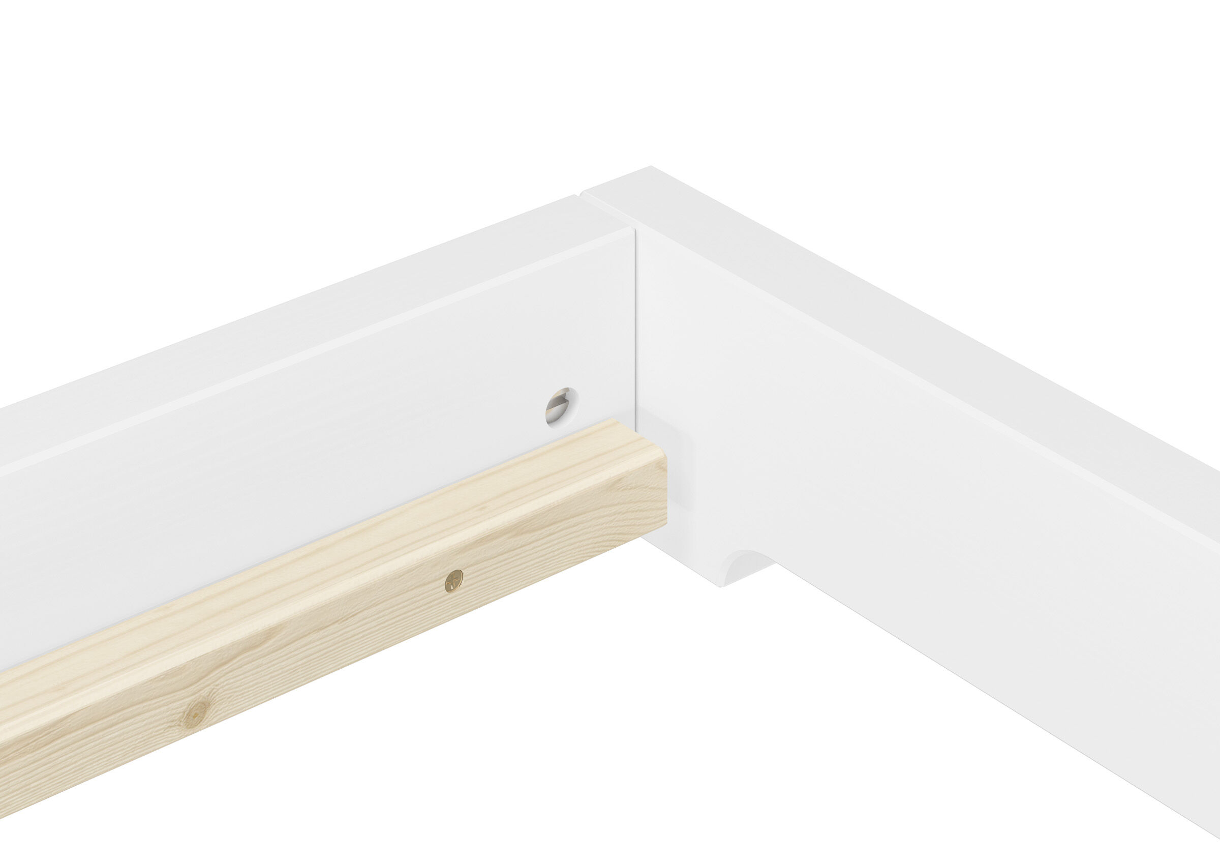 Stabile Eckverbindung des Kiefernholzbettes 90x220 im Detail Verbindung an der Ecke des Holzbettes 90x220 von innen