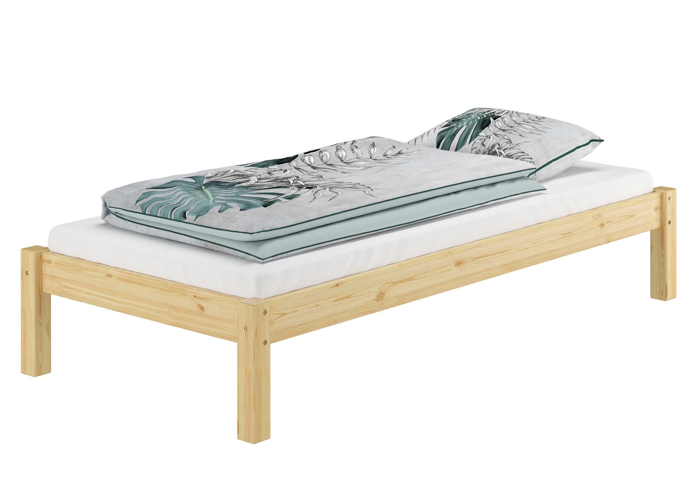Holzbett, Einzelbett, Bettgestell, Naturholz, Blättermuster, Einzelbett Kiefer Natur