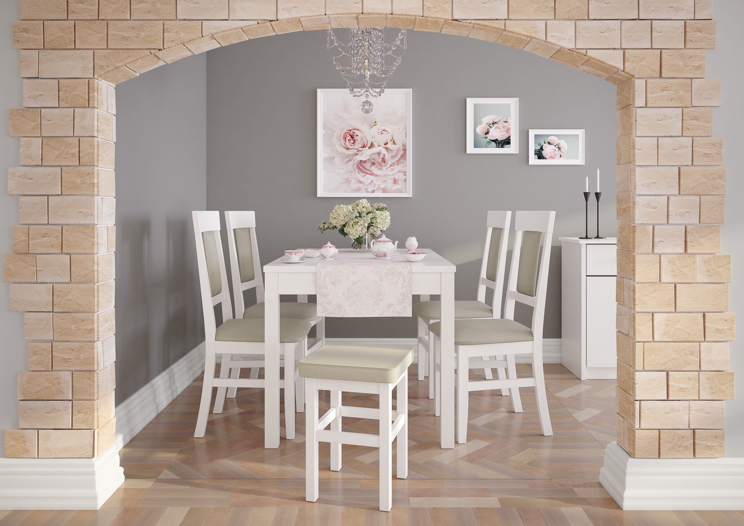 Esstisch, Stühle, Wanddeko, Blumen, Teppich, Zimmer Essstühle weiß