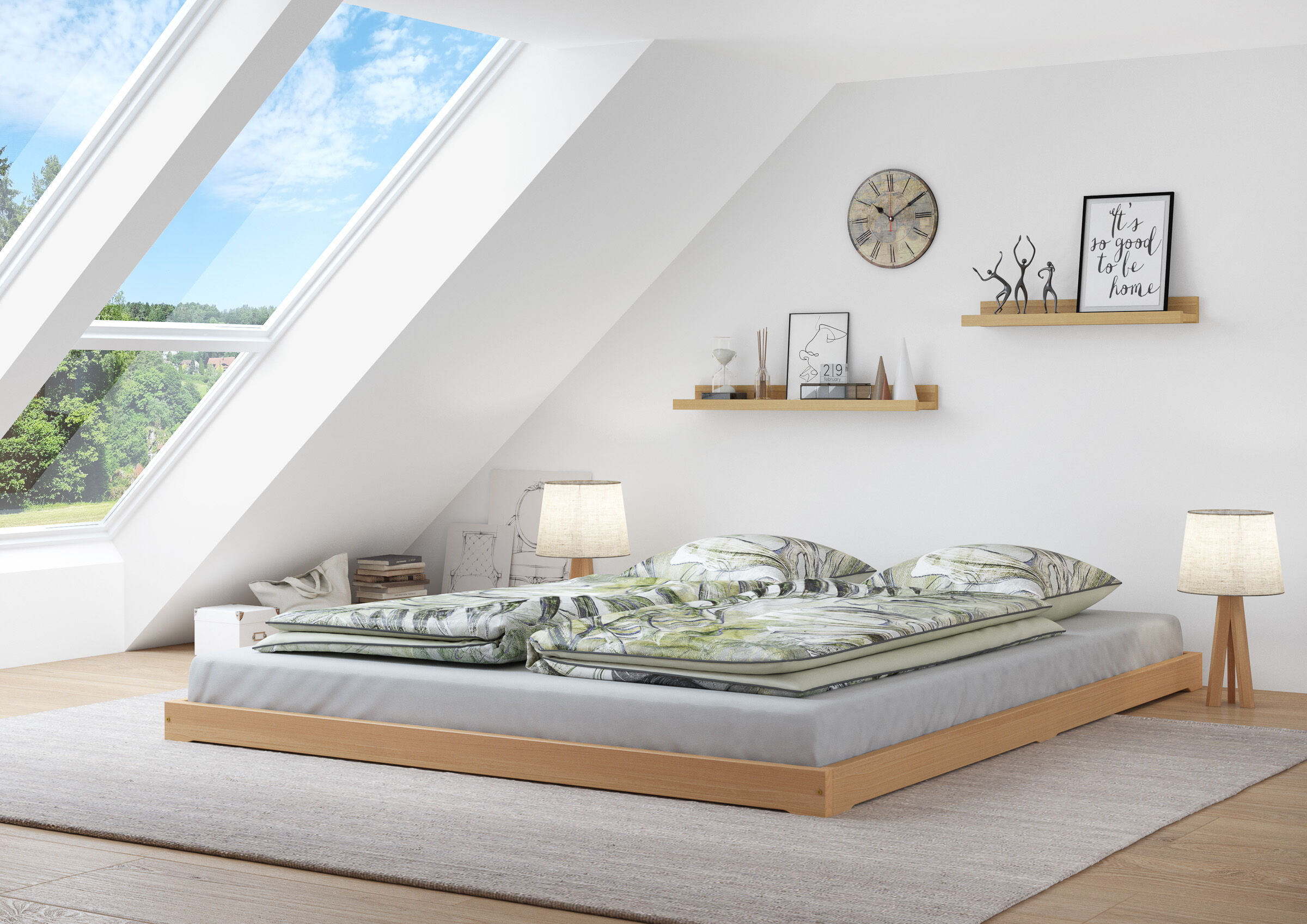 bett, plattformbett, holzrahmen, king-size, duvet set, Niederflurbett Buche natur