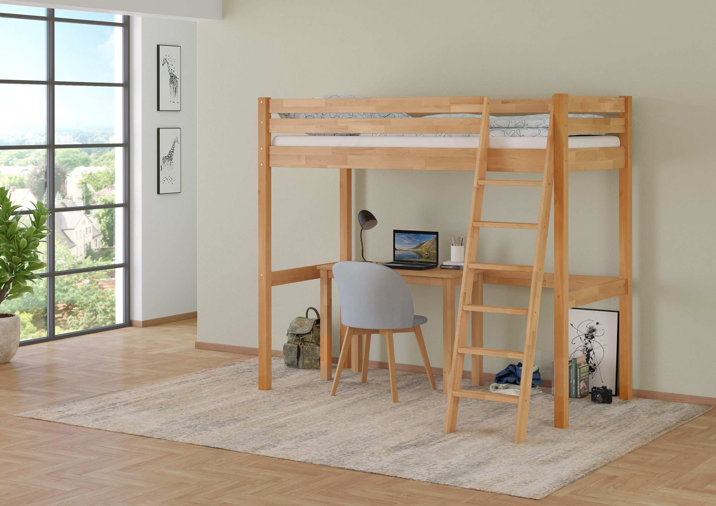 Hochbett, Holz, Bett mit Arbeitsbereich, Schreibtisch, Arbeitsplatz, Zimmerbild des Vollholzbettes 90x200