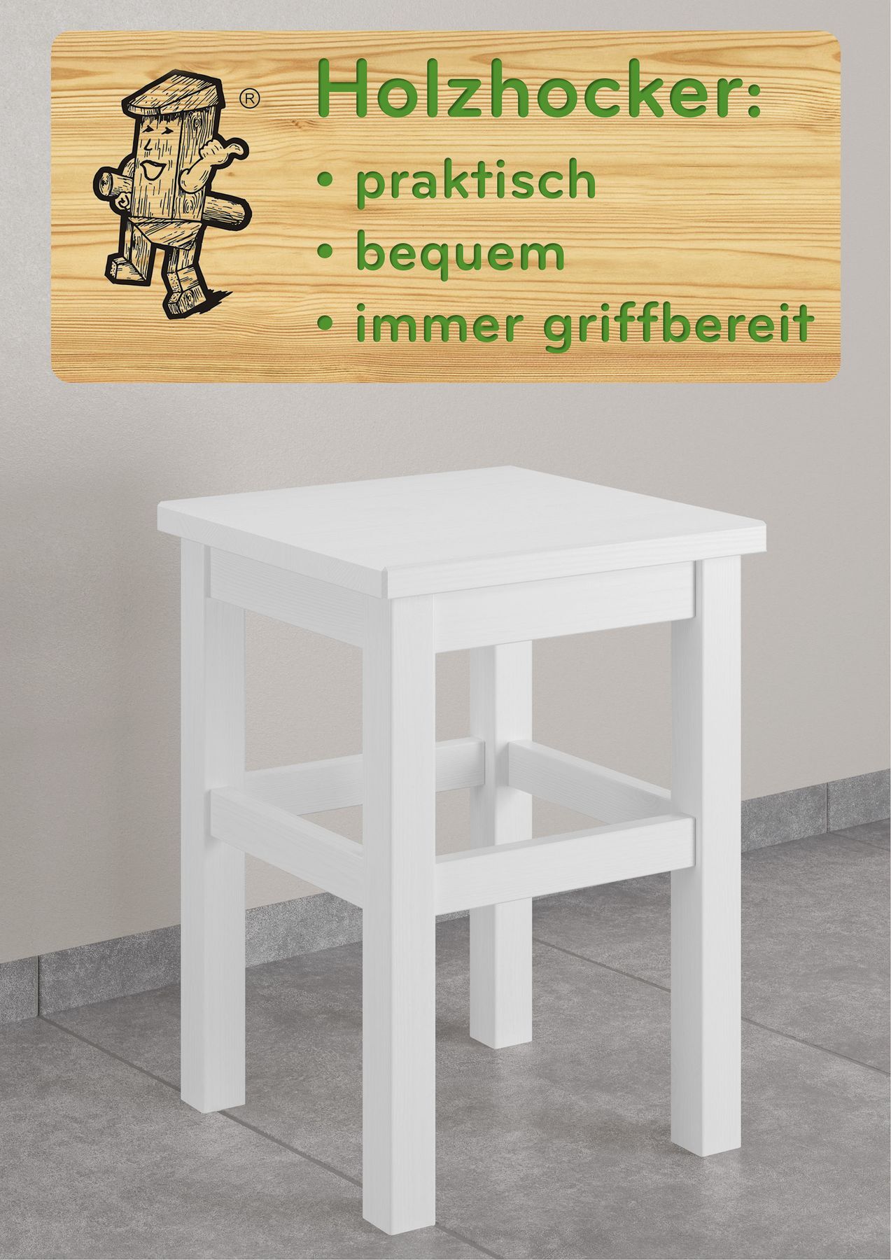 Holzhocker, Holzstuhl, barhocker, stabil, weiß, Holzhocker Kiefer weiß