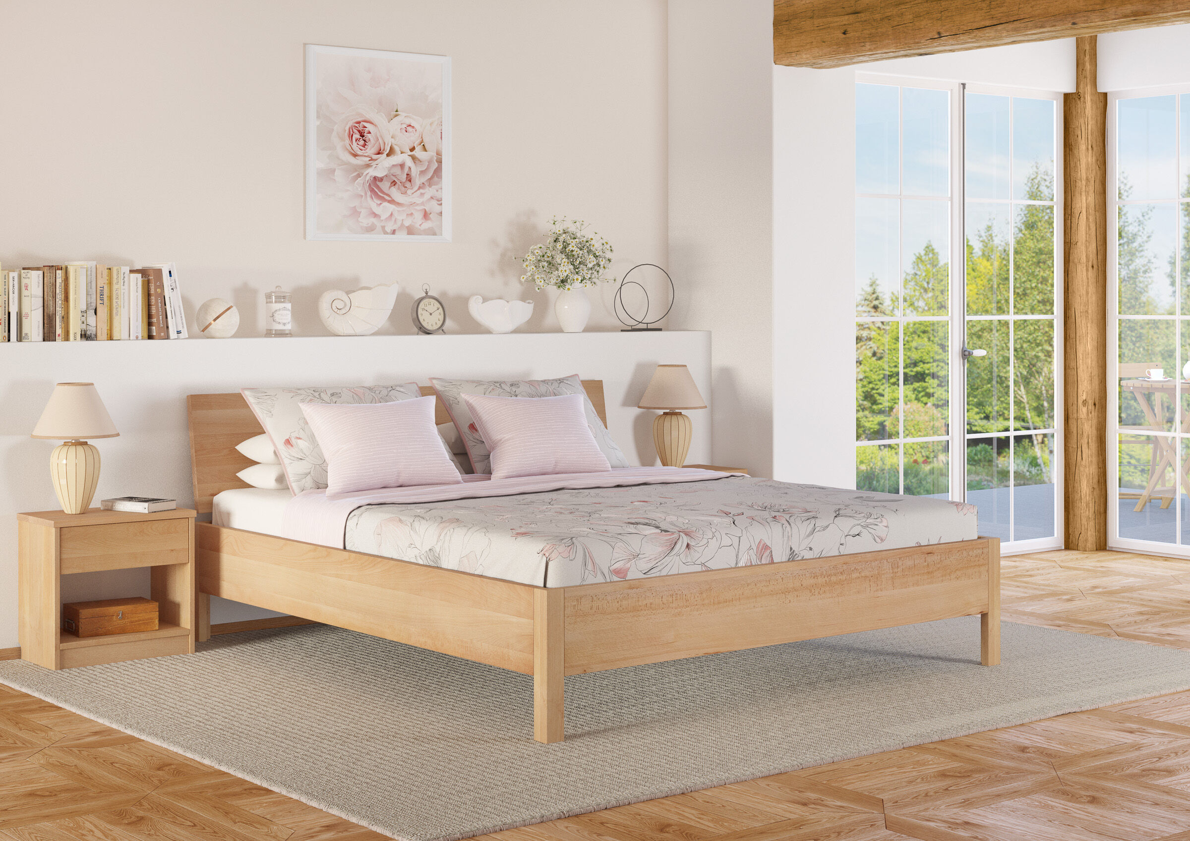 Bett, Holzbett, Leinen, Dekorative Kissen, Blumen Druck, störungsfreie Holzbetten ohne Metall