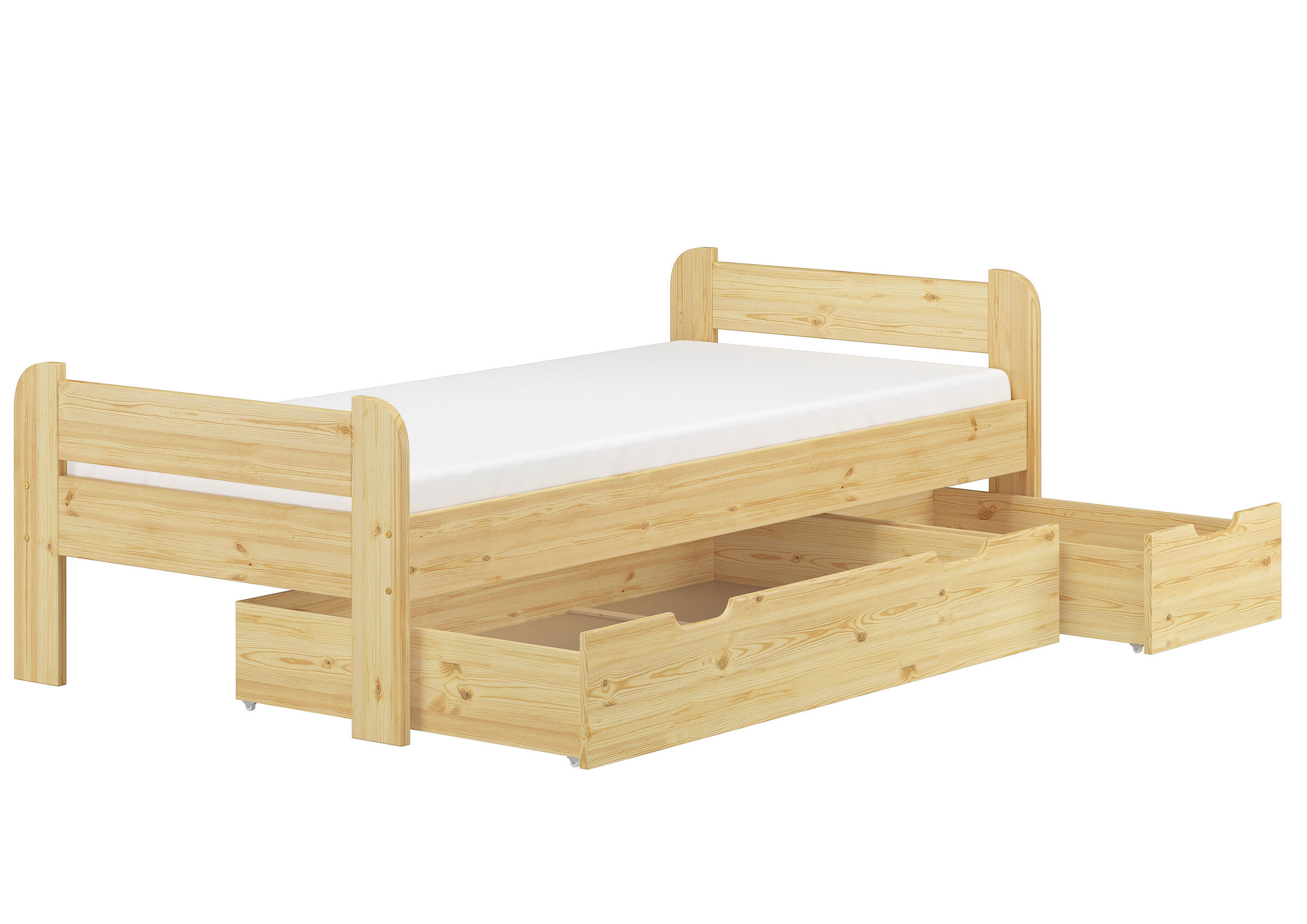 Holzbett, Einzelbett, Kojenbett, Holz, Schubladen, Jugendbett mit 2 Bettkästen Kiefer natur