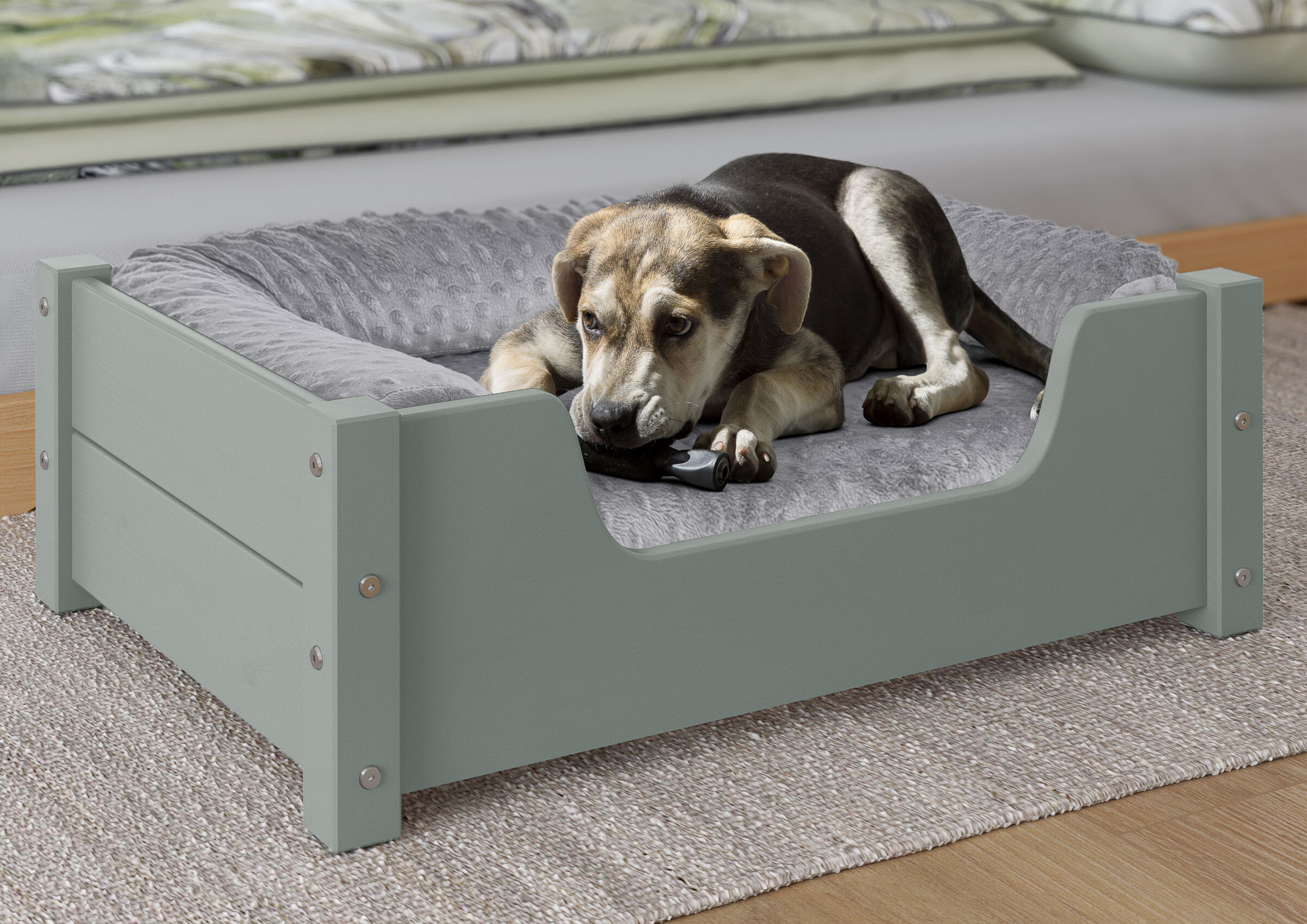 Hundebett, Kleines Hundebett, Grau, Holzoptik?, Hundebett mit Seitenwand, Hundebett für kleine Hunde