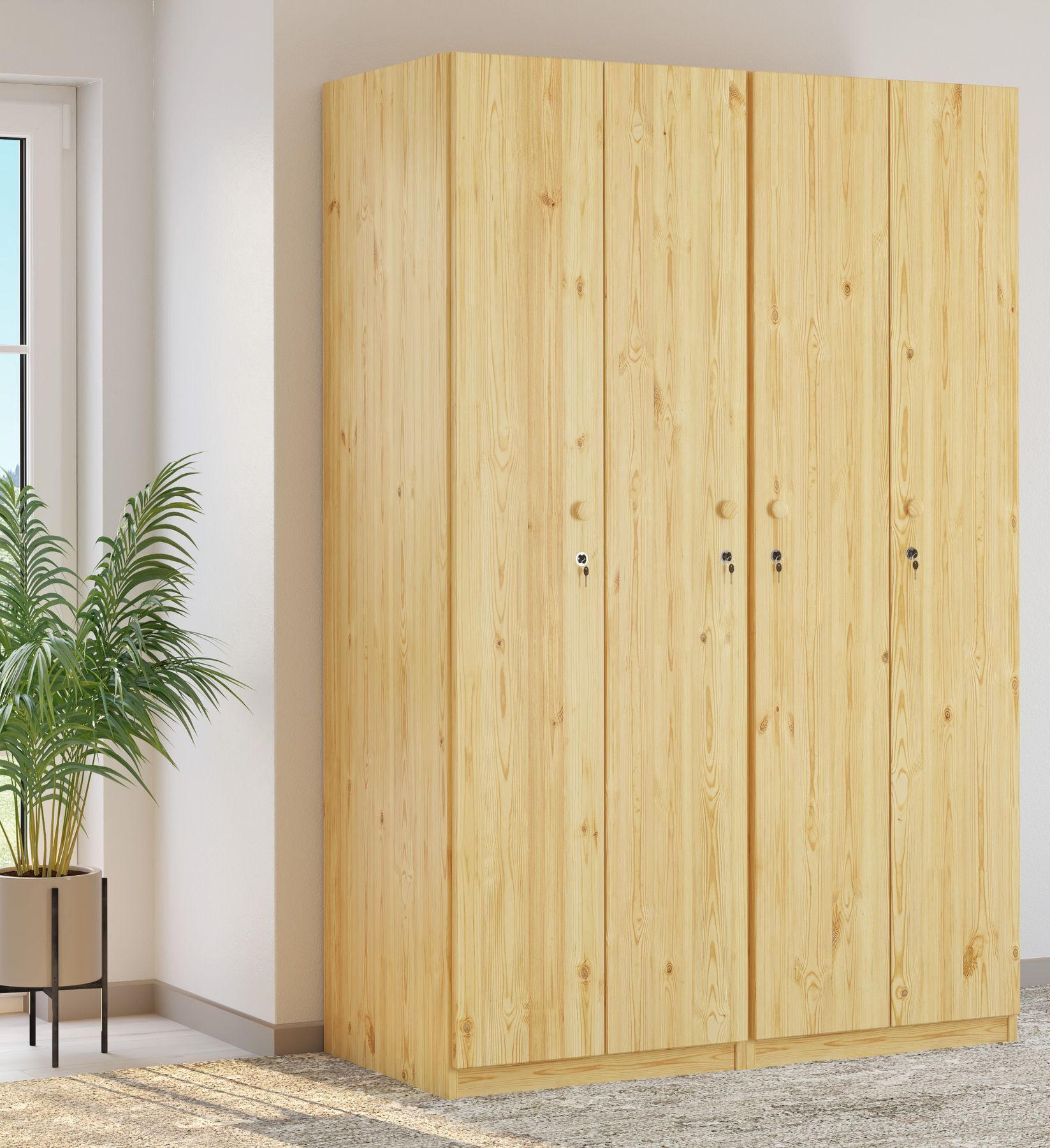 Kleiderschrank, Holz, Vier-tachiger Schrank, Naturholz, Schrank mit Türen, Zwei Massivholz Schränke aus Kiefer