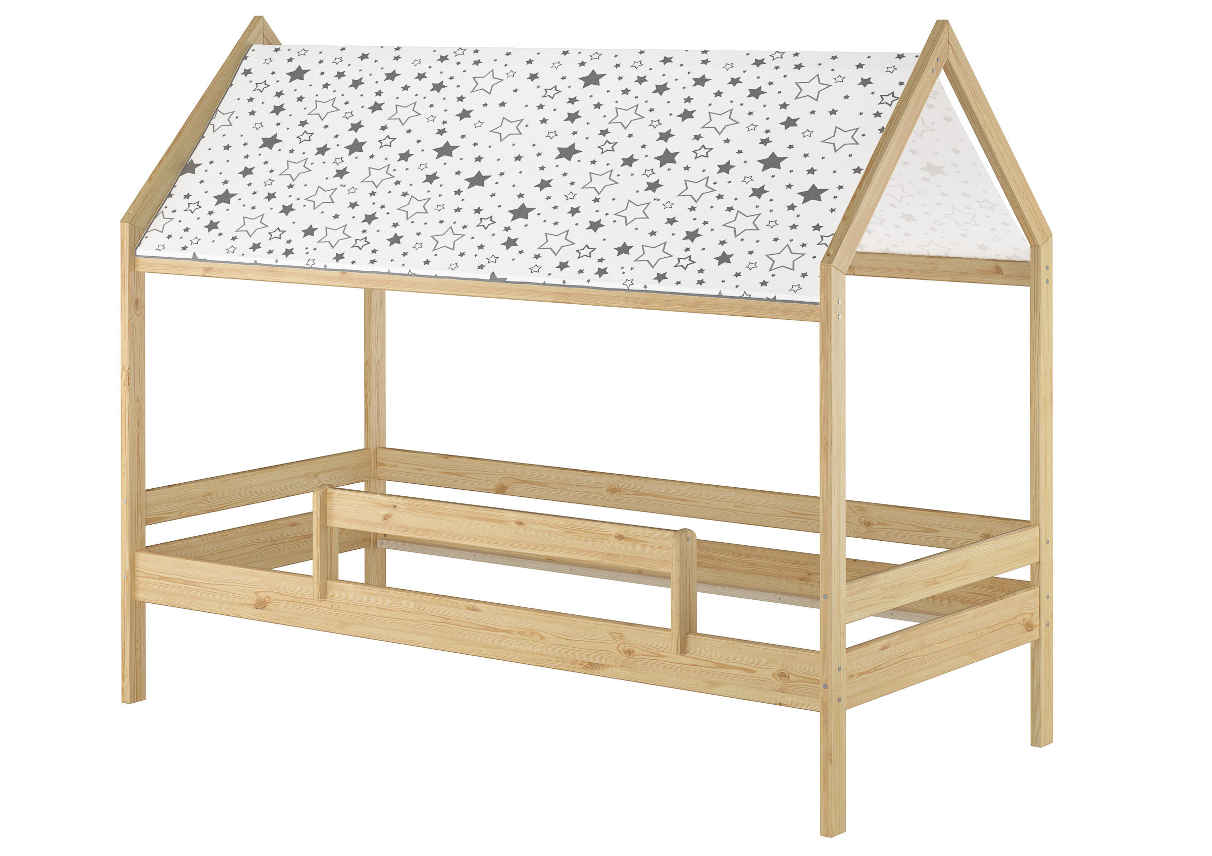 Holz Bett, Kinderbett, Etagenbett, Hausbett, Sternenmuster, Kinderbett mit Dach und Kindersicherung Kiefer natur