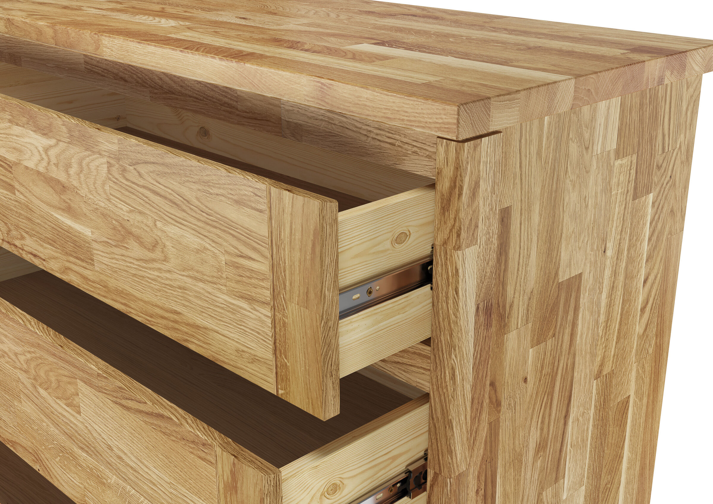 Massivholz, Holzkommode, Schublade, Eiche, Möbelstück, Detaibild der Schubladen