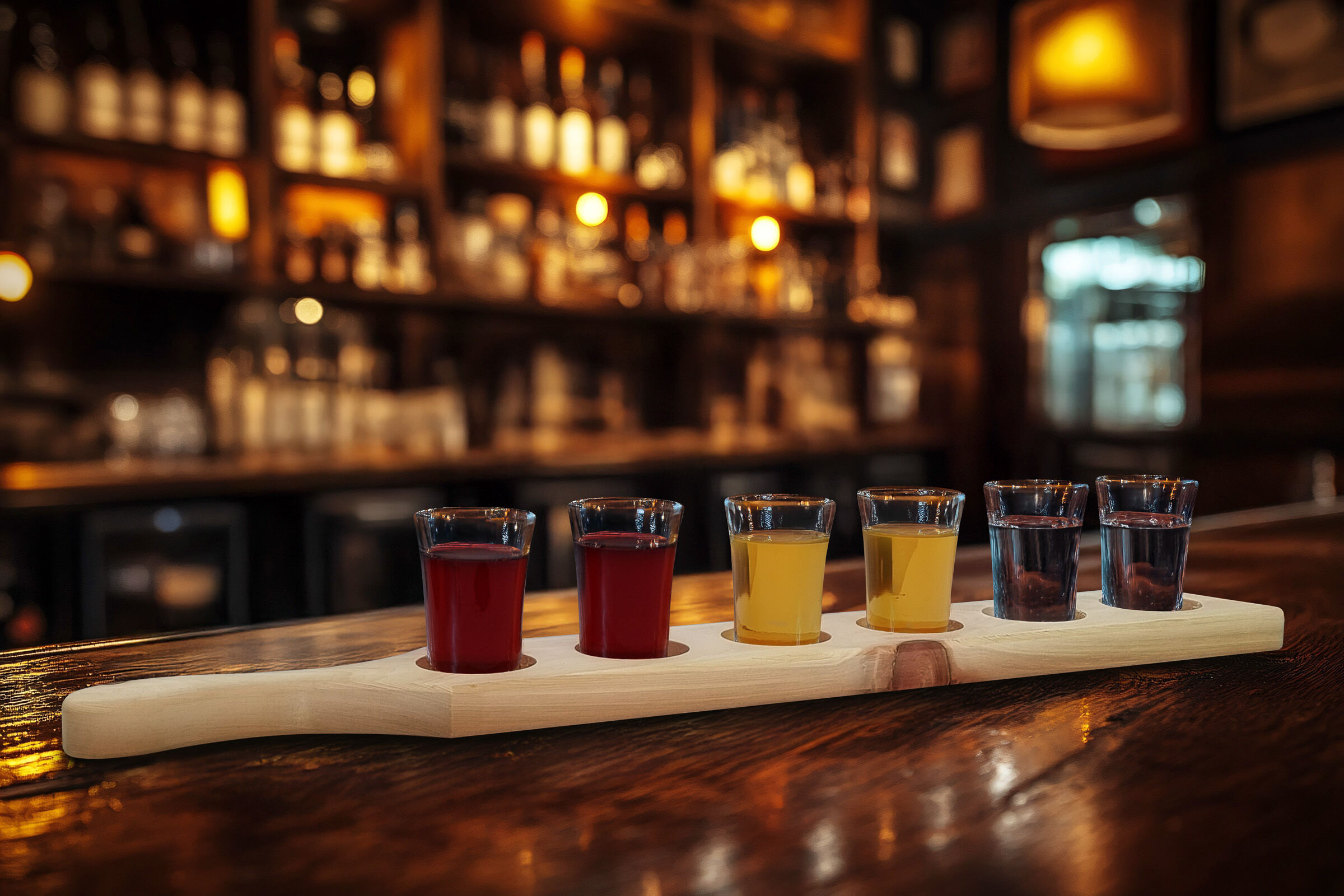 Shotgläser, Flight, Barware, bunte Flüssigkeiten, Holzservierbrett, Schnappsleiste mit 6 Gläsern 4 cl