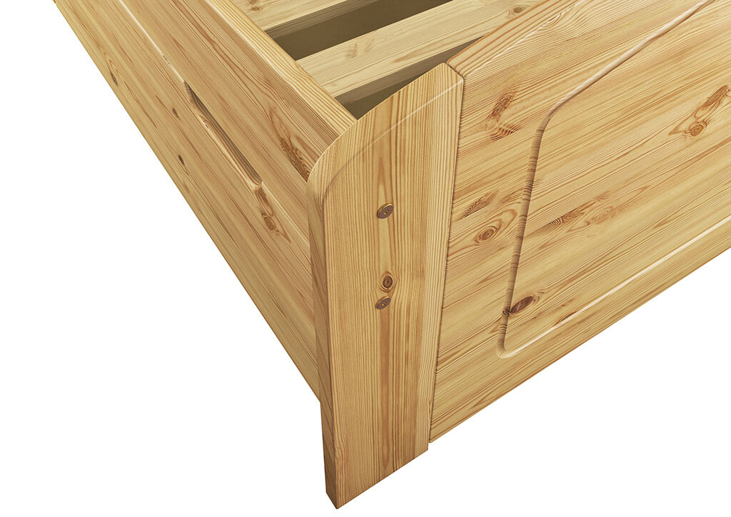 Holzbettrahmen, Holzkorb, Holzbett, Naturholz, Kantenverarbeitung, Bettpfosten Kiefer natur