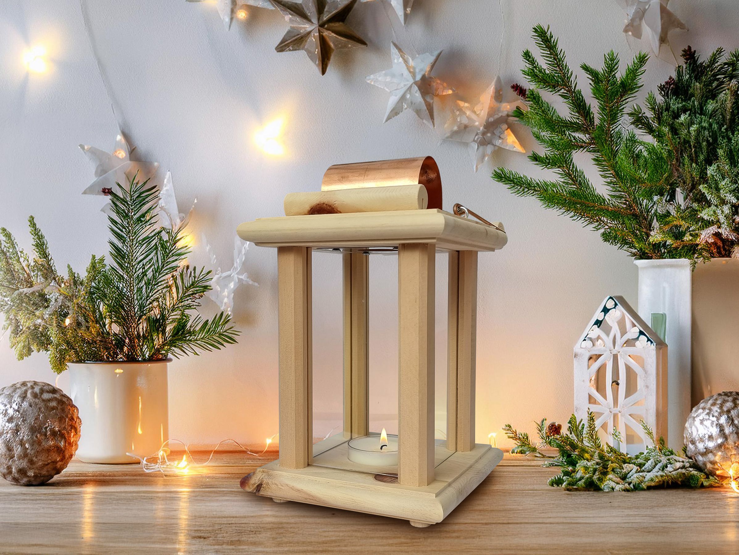 Holz-Laterne, Teelicht, Adventslampe, Holzdeko, Weihnachtsdekoration, Holzlaterne mit Henkel