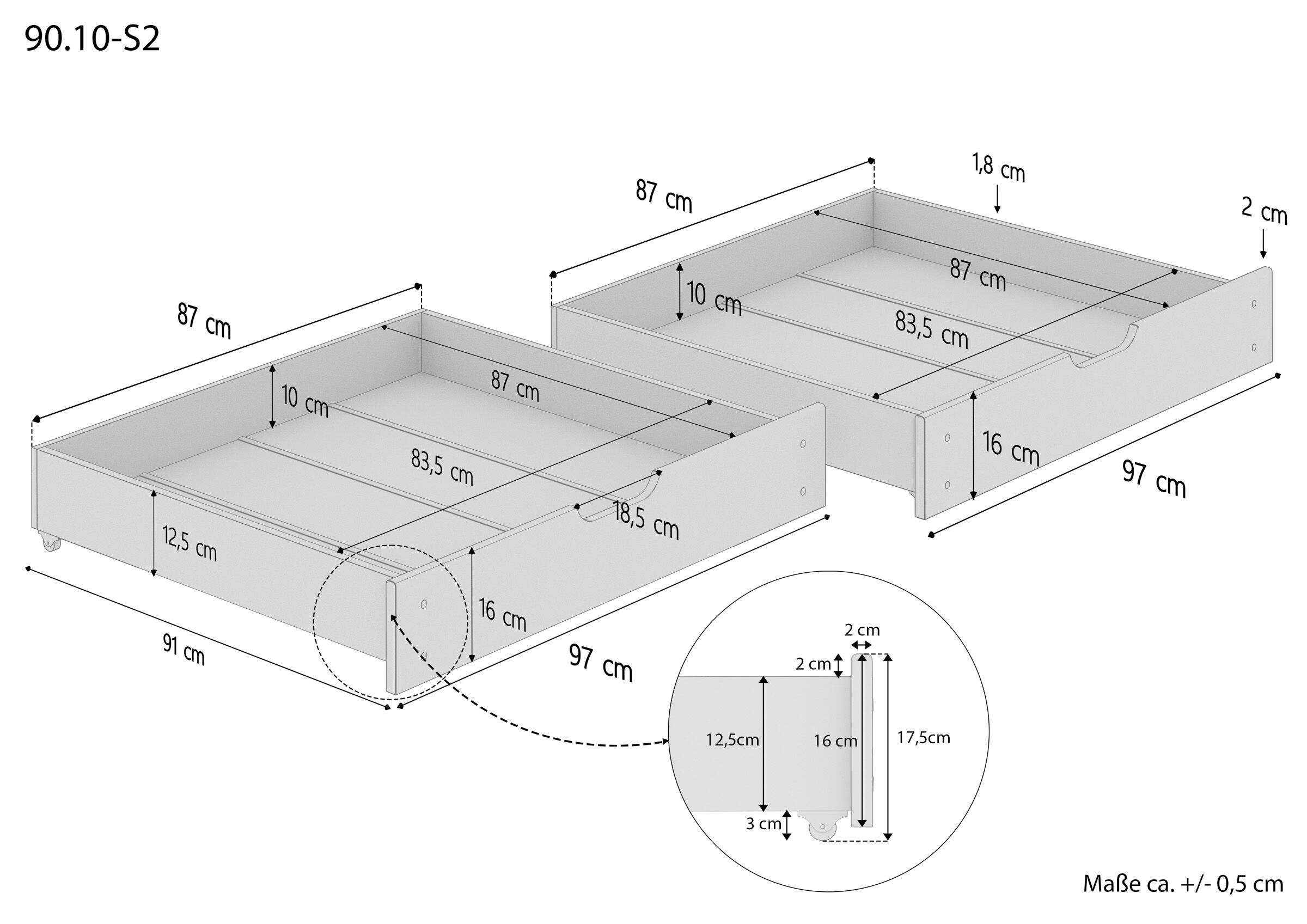 Schubladenbett, Ausziehbett, Möbel mit Rollen, Dimensionen 87x87x97, Kastenboden, Skizze Doppelbettkasten