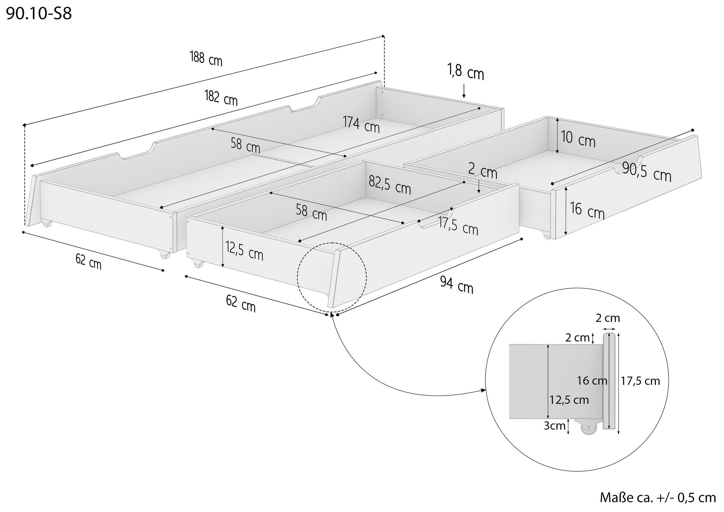 roll-front-drawer, bretter-schublade, metallrahmen, dimensionszeichnung, montageanleitung, Maßskizze Schubladenset