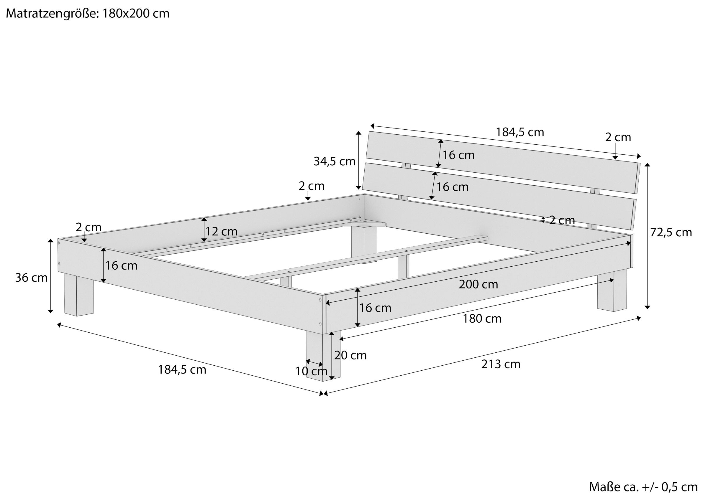 bettgestell, holzbettrahmen, holzbettrahmen, kopfteil, maßangaben, Maßskizze des Buchenholzbettes 180x200 waschweiß
