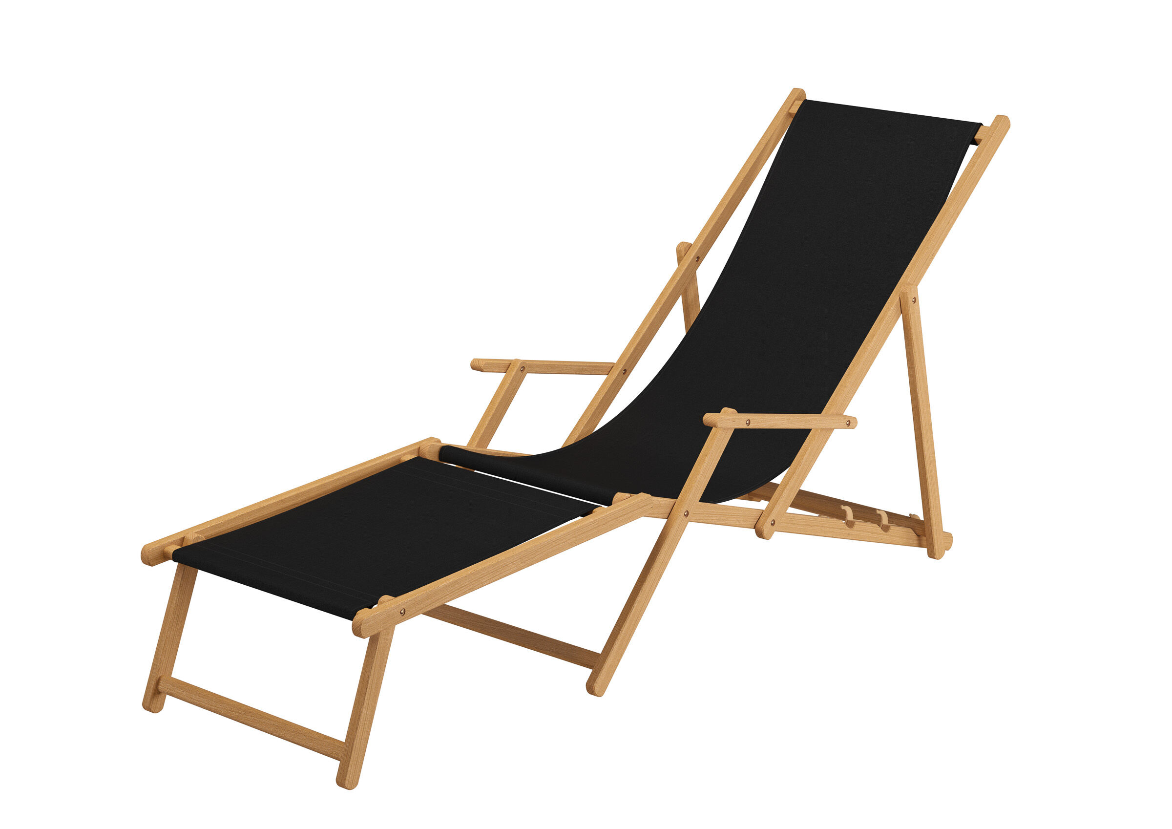 Sonnenliege, Holzrahmen, Schwarz, Verstellbar, Gartenmöbel, Sonnenliege mit Fußteil, Stofffarbe schwarz