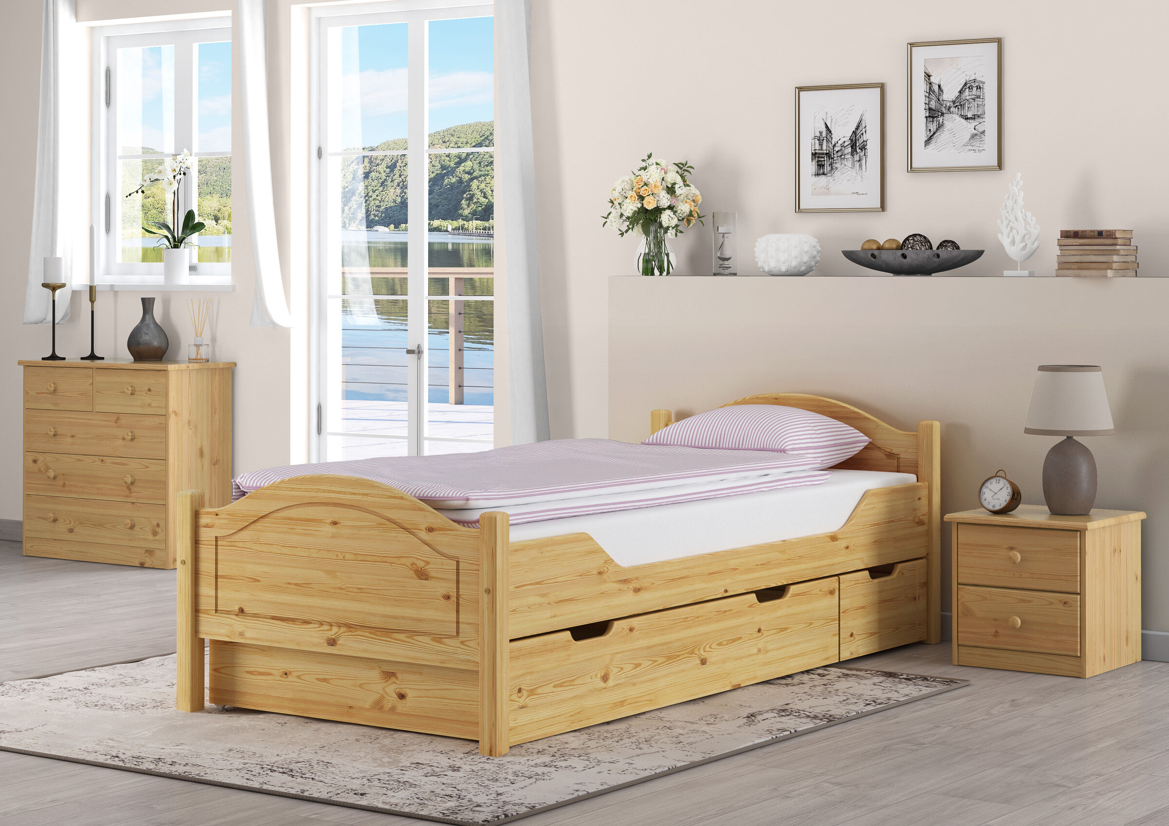 holzbetten, bett, nachtkommode, holzbett, zimmerdekoration, Gästebett Kiefer natur