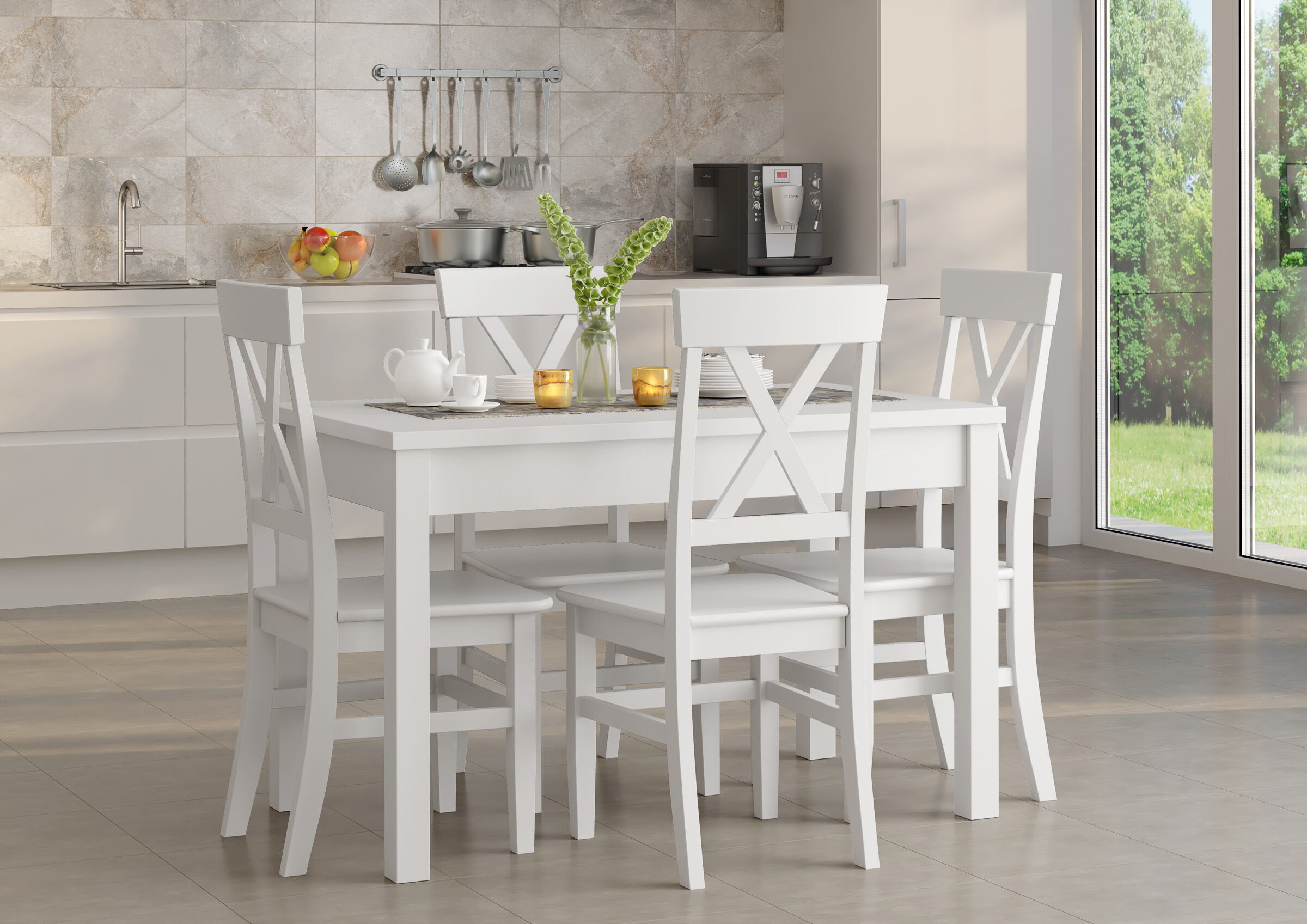 Küche, Esstisch, weiße Stühle, Küchenlook, Glastür/Spiegeltür, Weiße Essgruppe aus Kiefer