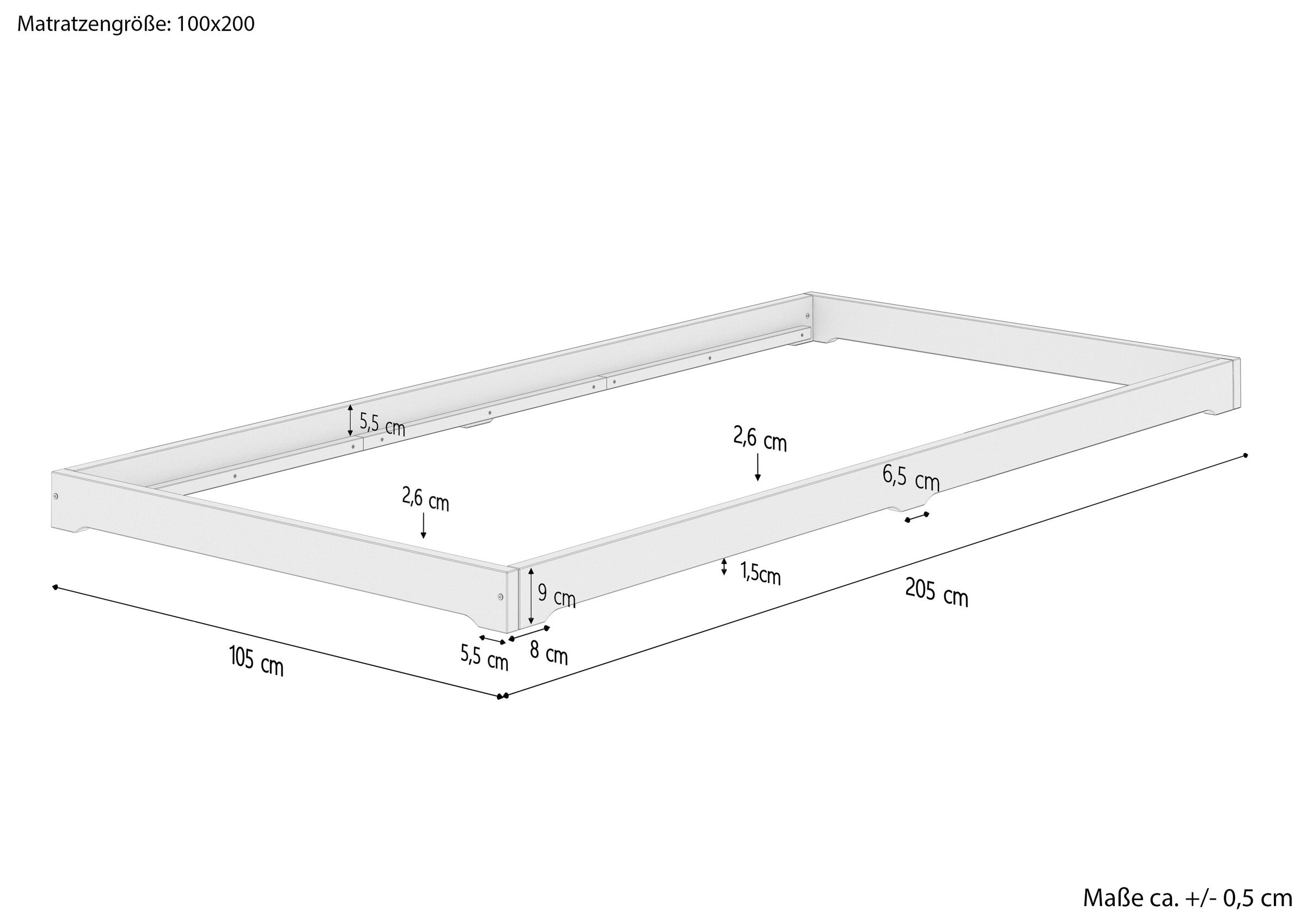 Niedrigprofilrahmen, Bettgestell, Metallrahmen, zähldimensionen, Rahmenmaße, Maßskizze