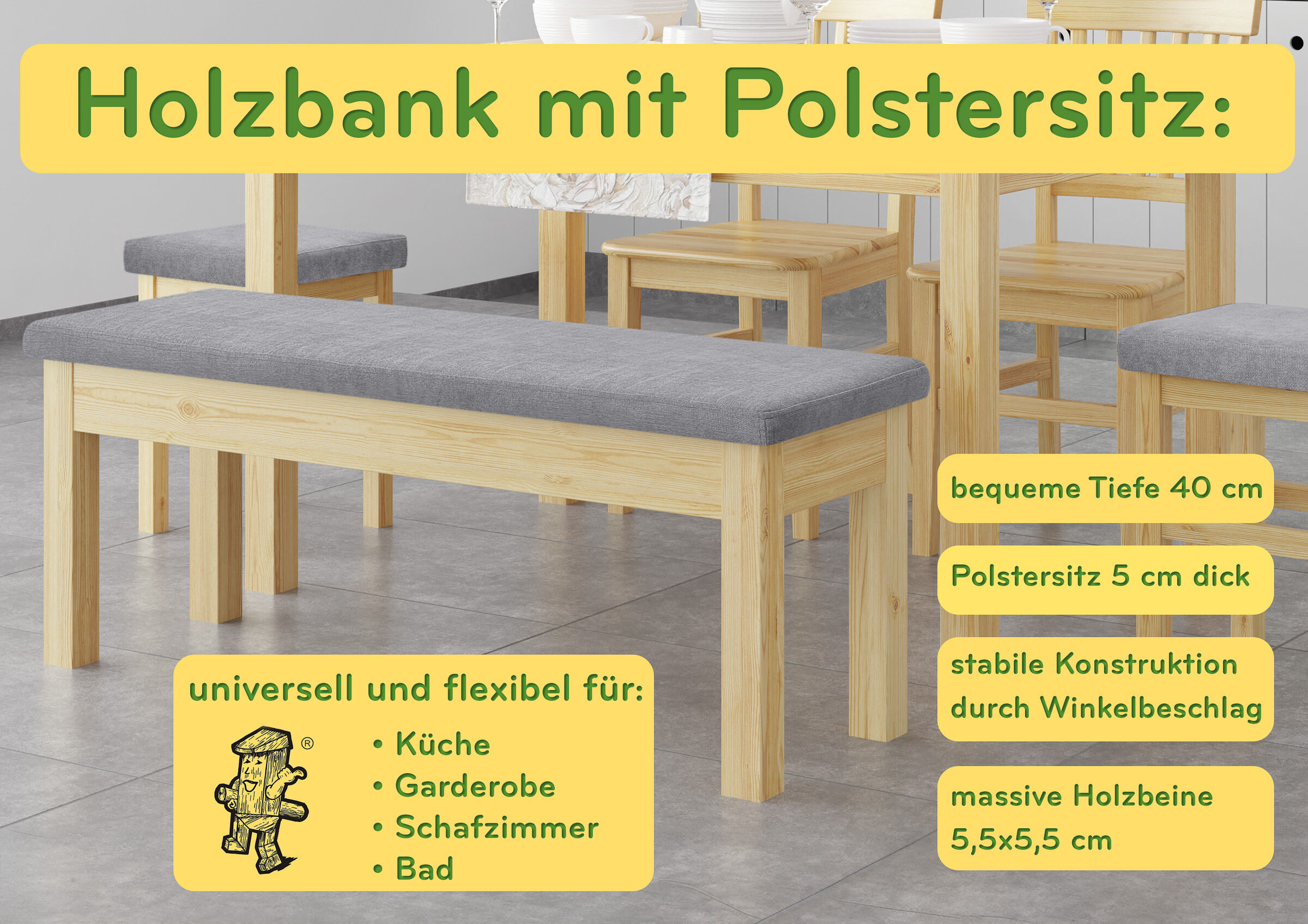 Holzbank, Polsterauflage, Sitzbank, Küche, Holzbearbeitung, Holzbank mit Polstersitz