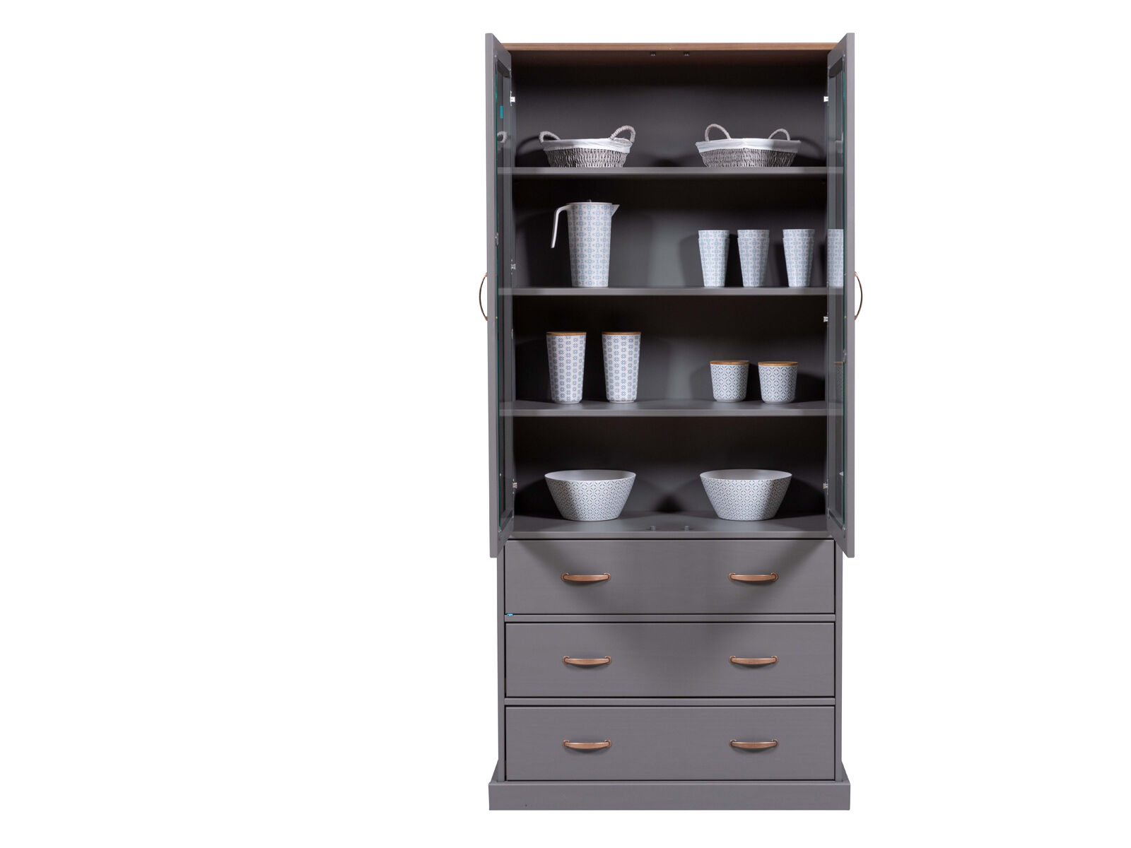 Schrank, Vitrine, Gläser, Geschirr, Schubladen, Anrichte grau mit offenen Glastüren
