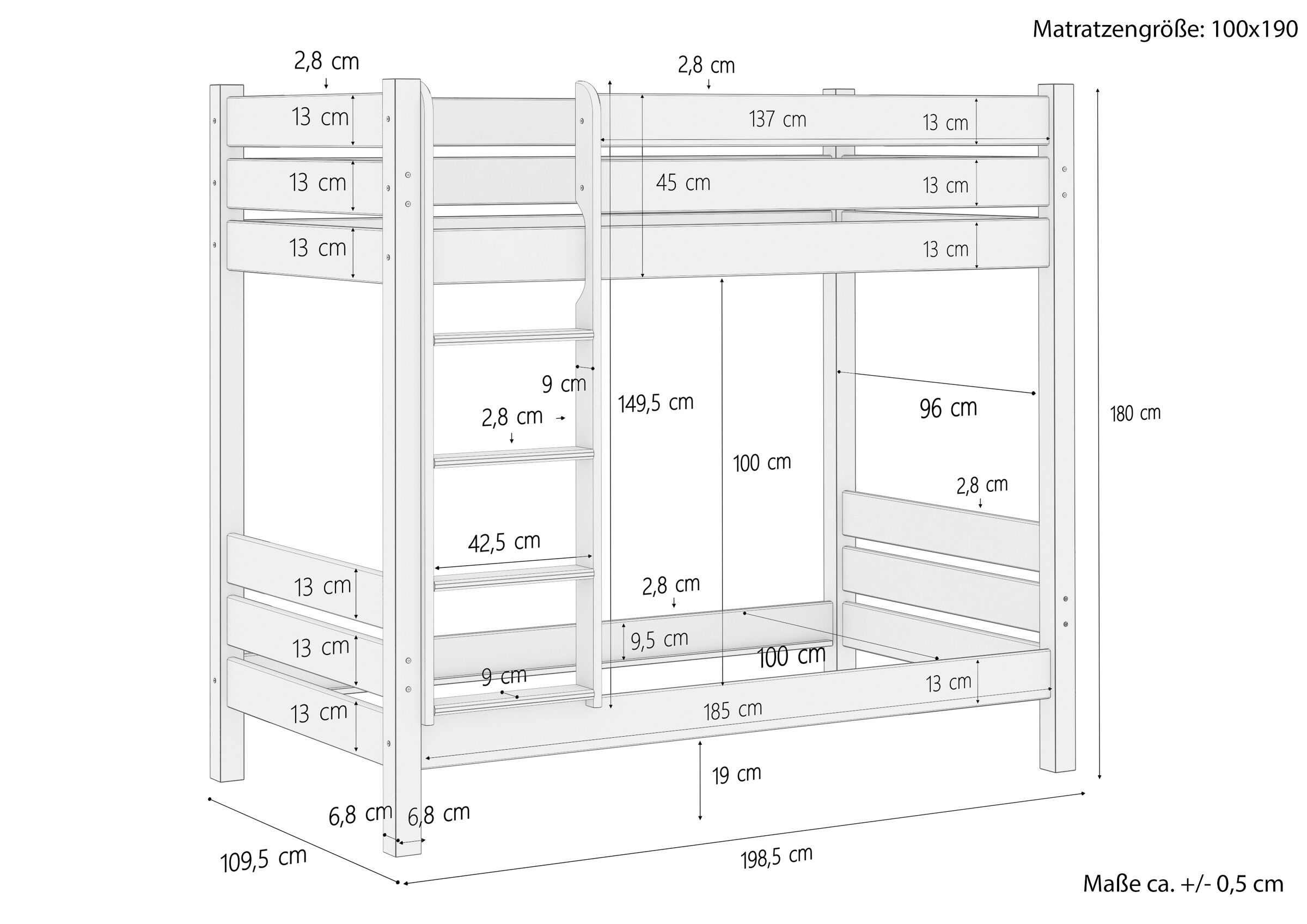 Etagenbett, Kinderbett, Holzbett, Stockbettrahmen, aufliegende Leiter, Skizze mit Maße Etagenbett