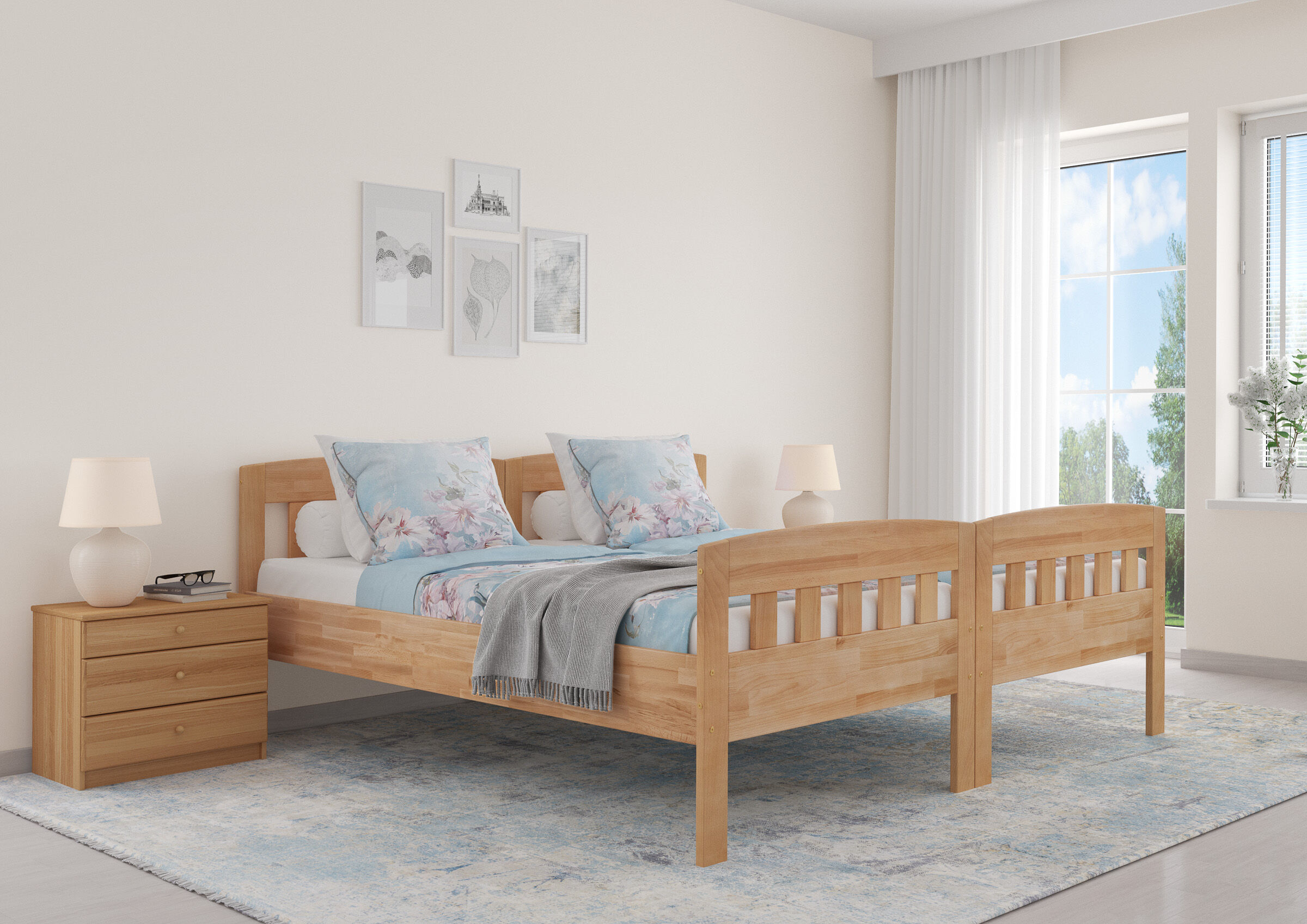 Holzbetten, Doppelbett, freundlicher Stil, Bettgestell, Nachttisch, Twinbett 100x200 Buche