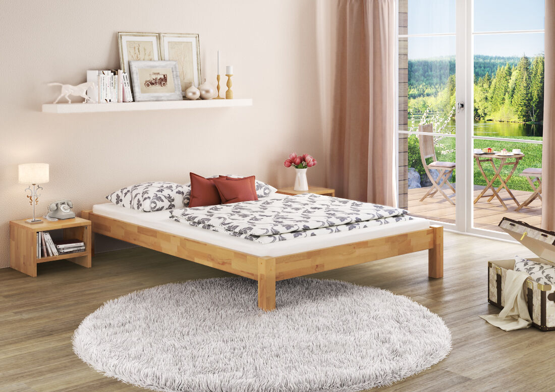 bett, holzbett, bettgestell, bedroom, runde teppich, Zimmerbild Doppelbett in Buche