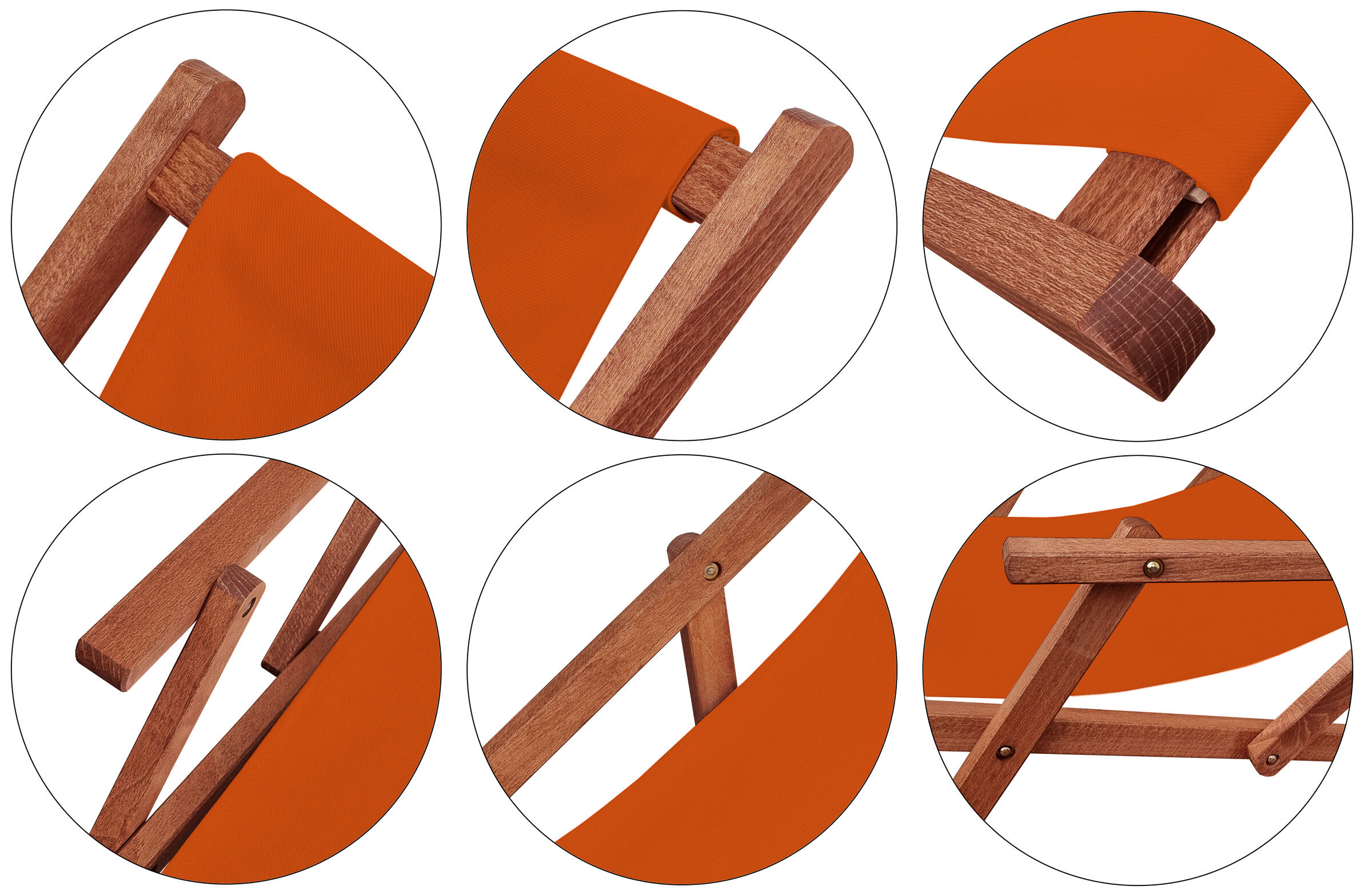 Detailbild des Sitzstoffs und dunklen Buche-Gestells Holz, Mobiliar, Rauchrohr, Buche-Gestell des Strandstuhls mit Stofffarbe Terracotta