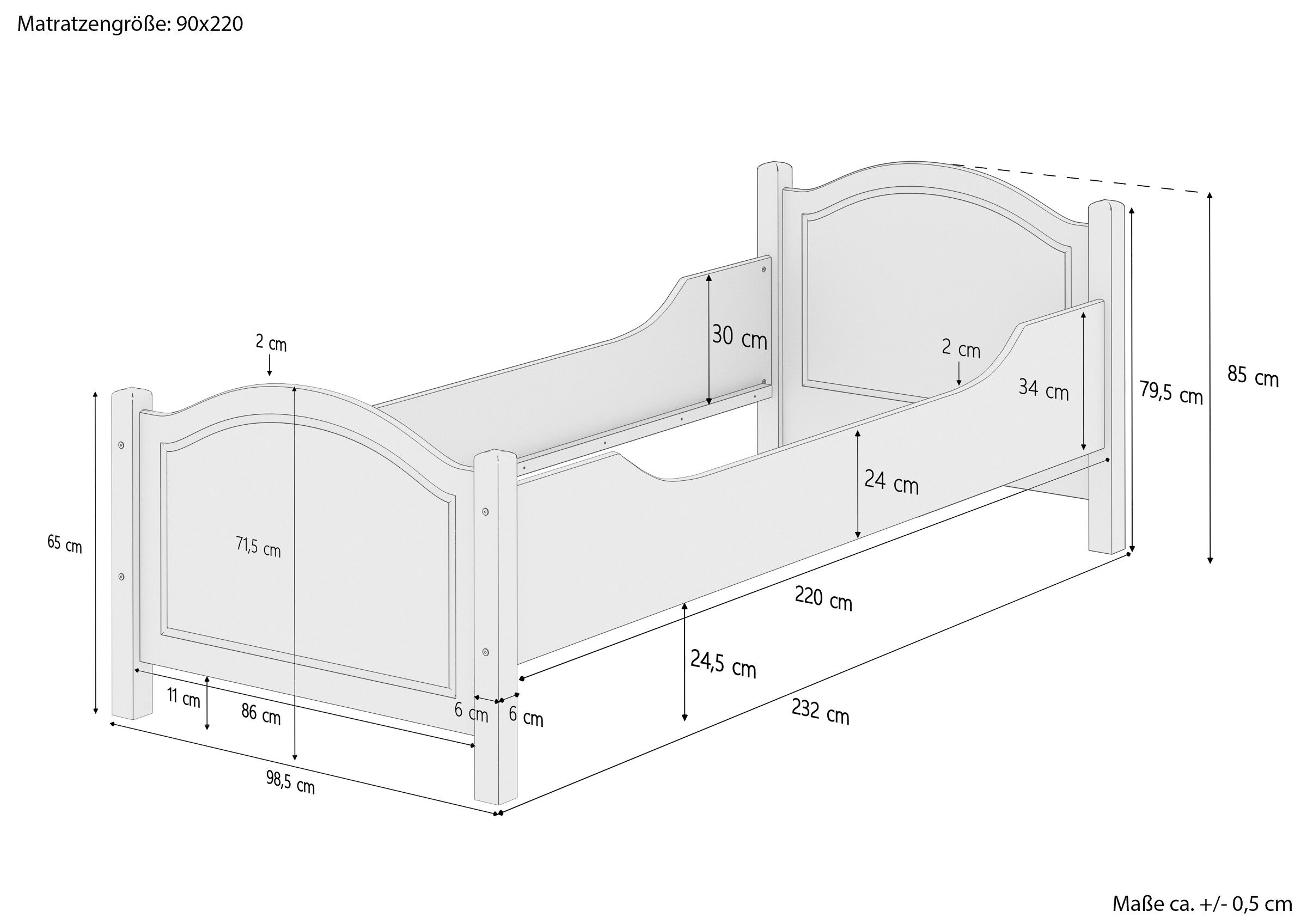 Einzelbett, Kinderbett, Holzbett, Lattenrost, Maße-90x220, Maße des überlangen Kiefernholzbettes 90x220