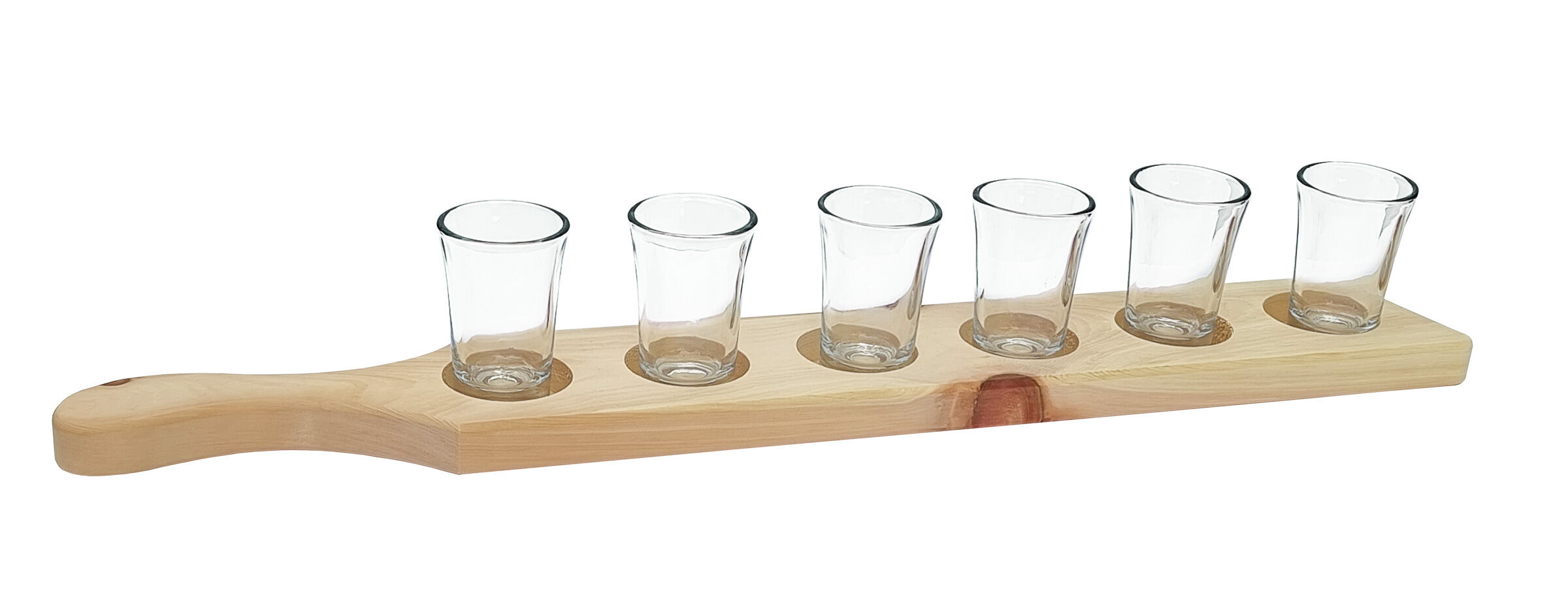 Schnapsgläser, Glas-Set, Schottglas, Holzunterlage, Shotgläser-Set, Schnappslatte aus Zirbenholz inklusive Gläser 4 cl
