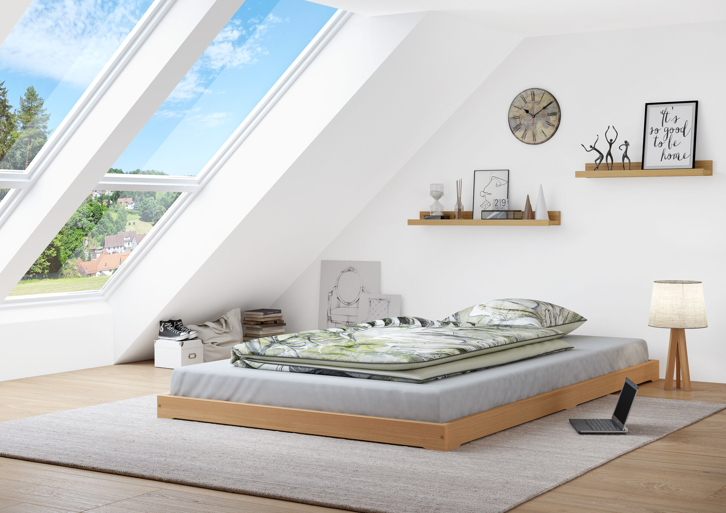 bettenrahmen, lowboard, bettdecke, großes dachfenster, wohnzimmer dekoration, Zimmerbild Buche natur Flachbett