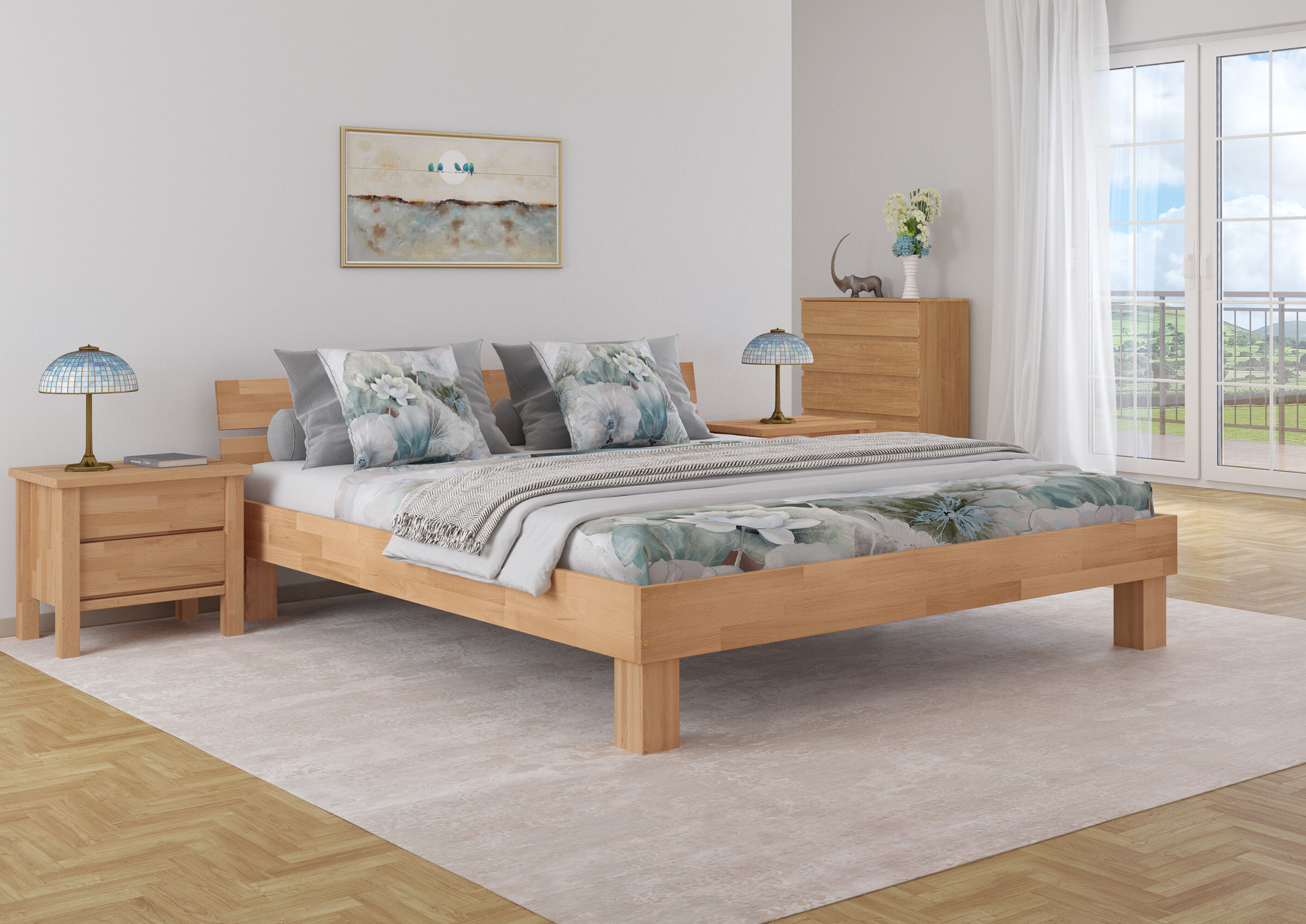Holzbettrahmen, Bett, Seidenähnlich?, Vorleger, Kissen mit Pflanzenmuster, Vollholzbett 200x220 aus Buche in Überlänge