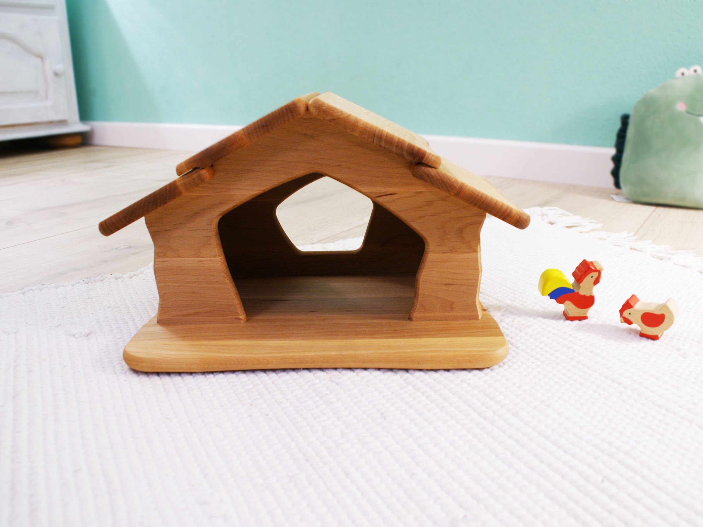 Holzhaus, Holzspielzeug, Kinder Spielzeug, Holzbaustein, Wohnhaus-attr, kleiner Holzstall mit Hahn und Henne