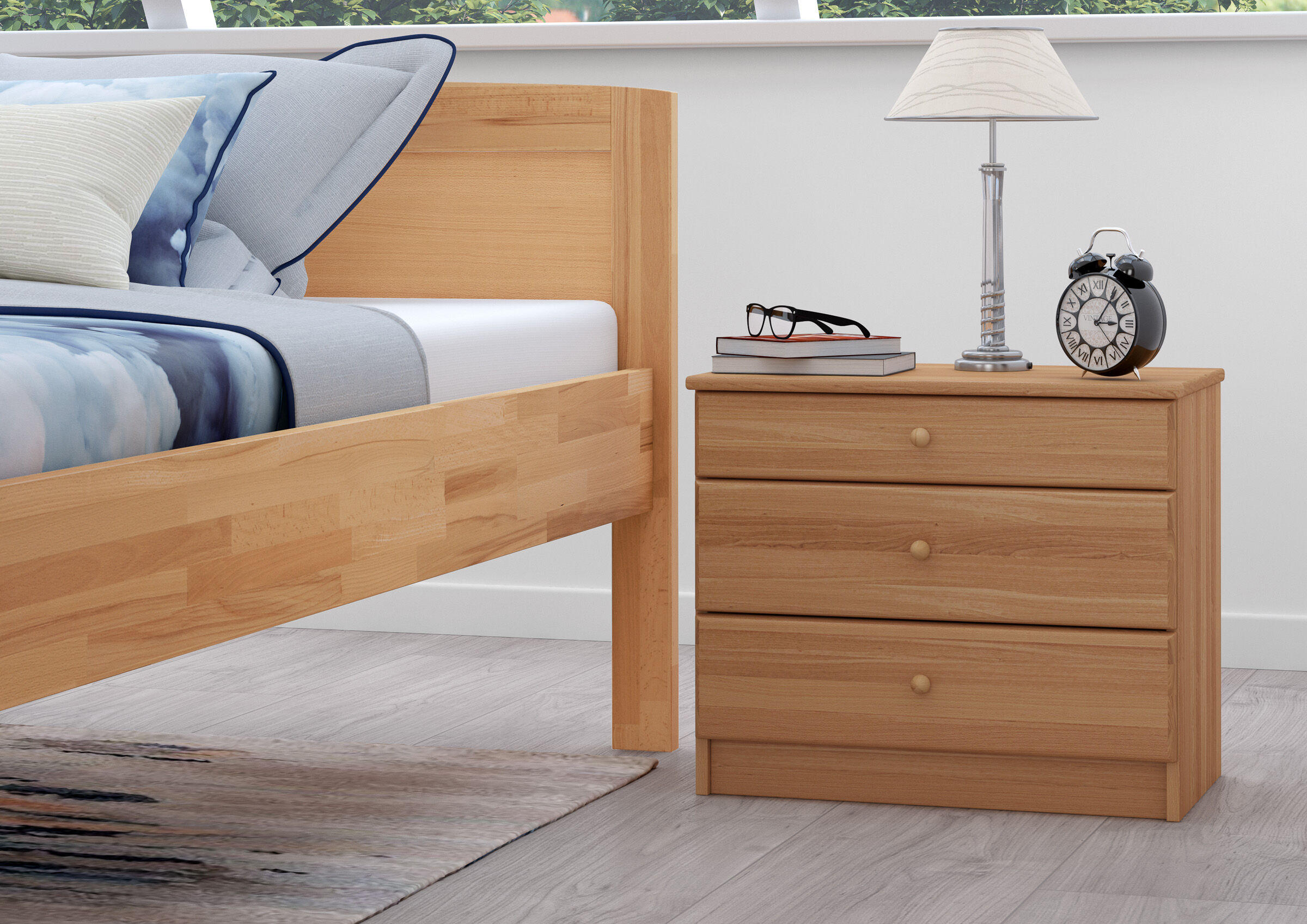 Holzbettenrahmen, Nachtkästchen, Nachtkommode, Bett, Holzmöbel, Zimmerbild Buche Nachtkommode