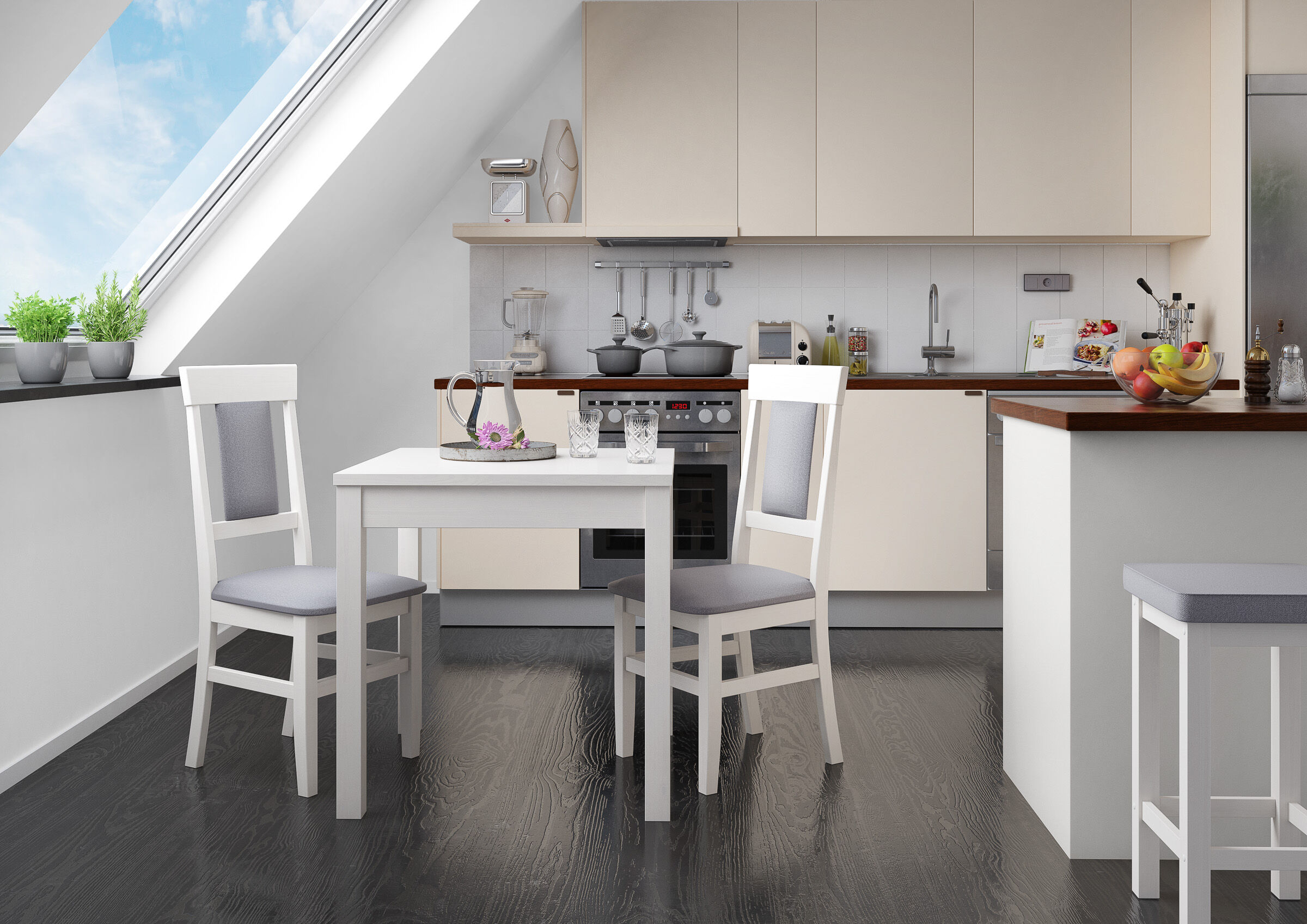 kitchen, küche, essbereich, esstisch, stühle, weiß-grauer Küchenstuhl