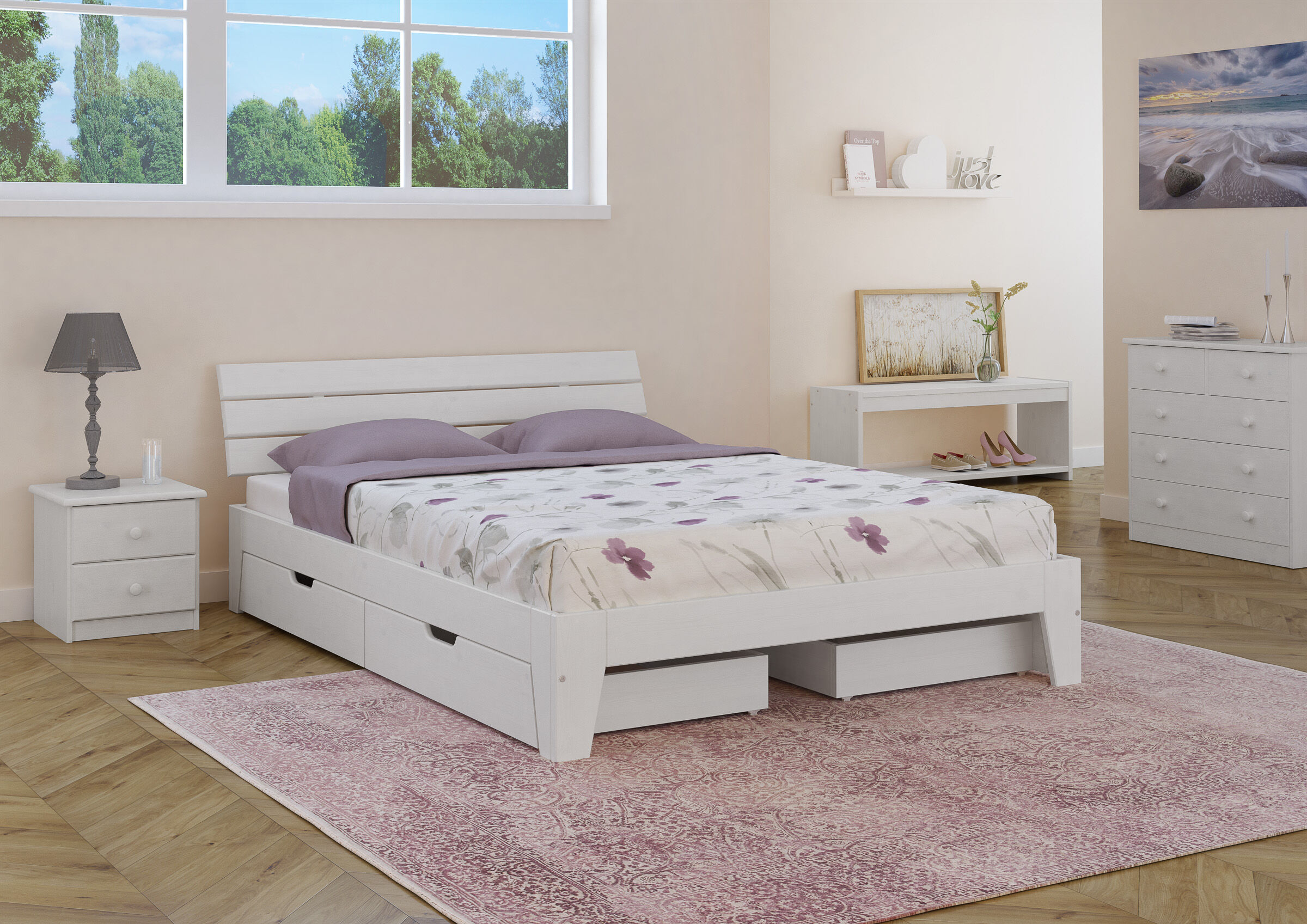 bett, bettrahmen, aufbewahrungsschubladen, nachtkommode, rosafarbener teppich, Zimmerbild mit Doppelbett und Bettkästen weiß