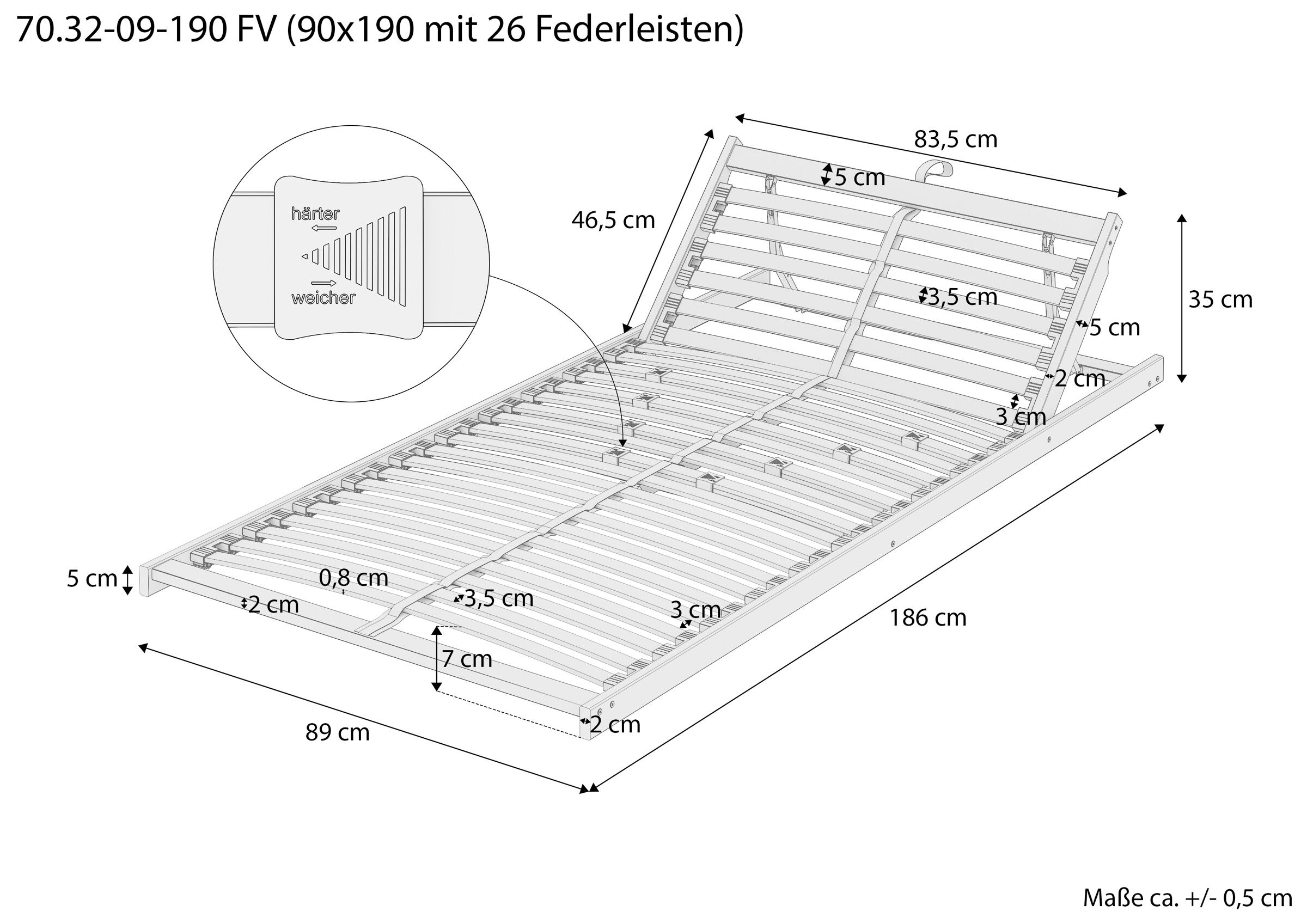 Betthauptteil, Holzlatten, Bettrahmen, Lattenroste, verstellbar, Skizze mit Maße
