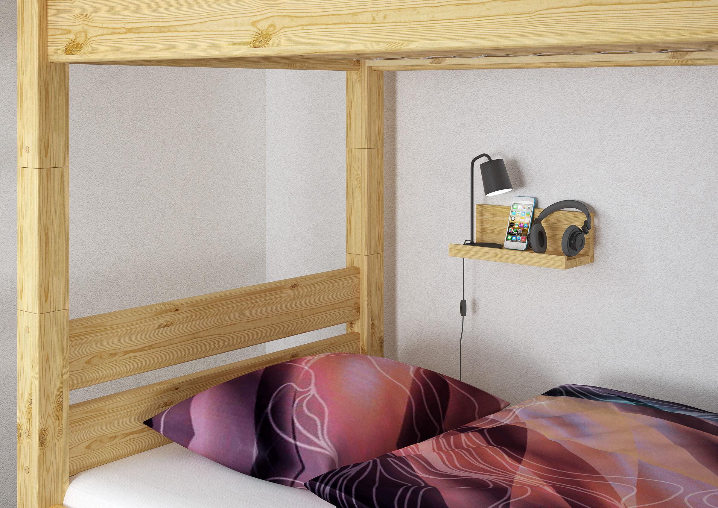 Holz-Lattengestell, Etagenbett, Nachttischbrett, Kopfkissen, Bettwäsche-Design, Nachtisch für Wand Kiefer natur