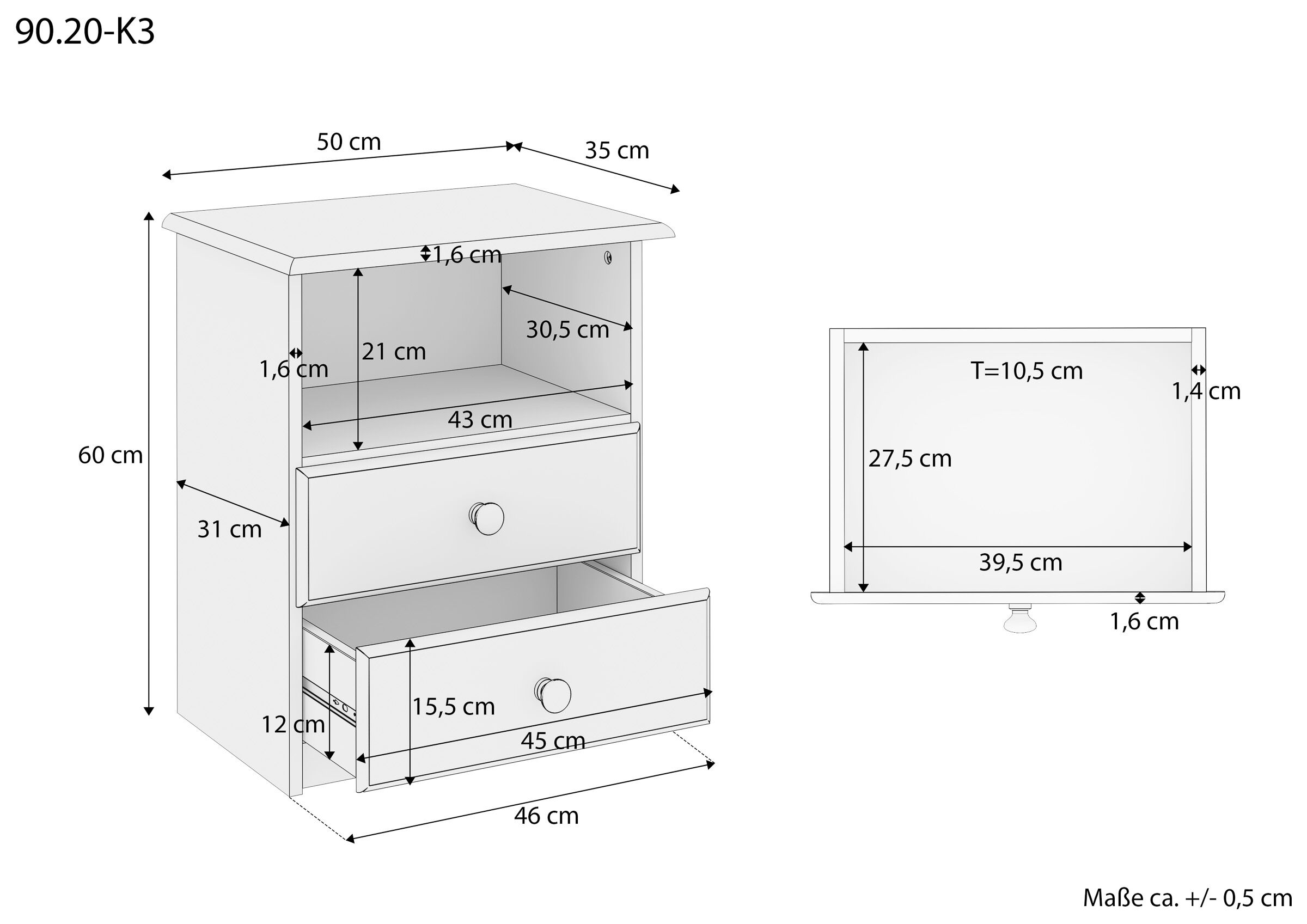 Nachttisch, Schrank, Schublade, Holzton, Maße 60x46x35, Maßskizze Nachtkästchen Kiefer