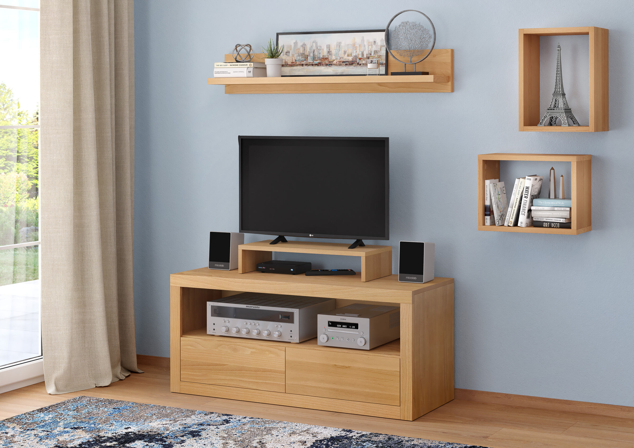 Fernsehtisch, Unterhaltungszentrum, Holzregal, Heimkino, Lautsprechersystem, Wohnzimmer-Wohnwand aus Buche